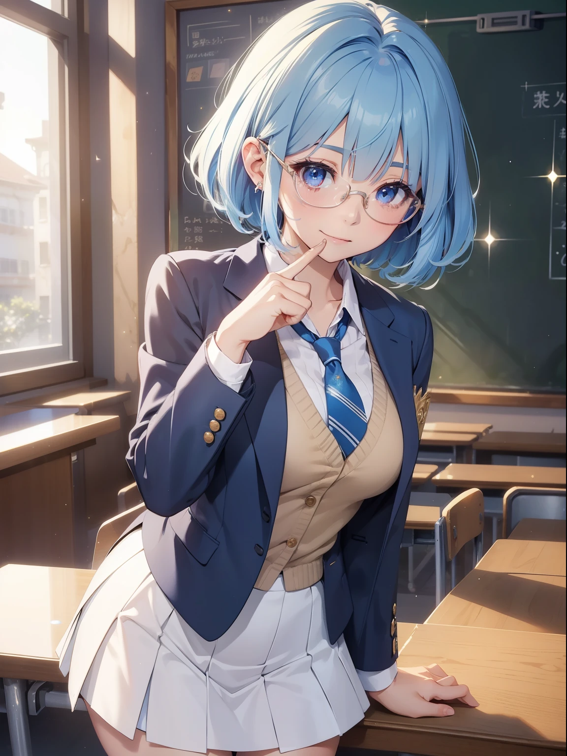 masutepiece, High resolution, 8K, anime woman, Delicate and detailed writing 、Detailed digital illustration、(((Pixie Bob)))、Shiny hair、a very beautiful woman、Eyes are double, Large,、 Bust is D cup、High image quality, High quality、Detailed background、The inside of the eye shines like a diamond、(((Blue hair)))、(((swept bangs)))、Gradient pupil、(((2 arms、4 fingers, 1 thumb)))、Detailed female face、a very beautiful woman、、Detailed background、masterpiece、Soft Focus , Bright gradient watercolor , Lens Flare , (((Glitter))) , Glow , Dreamy ,、a miniskirt、Idol、Light blue ribbon、((Very beautiful light blue rose hair accessories))、White and light blue and golden costume、(((Macroeye)))、(((wears glasses)))、Dynamic Poses、intelligent woman,(((School Suit)))、A smile、school class room background