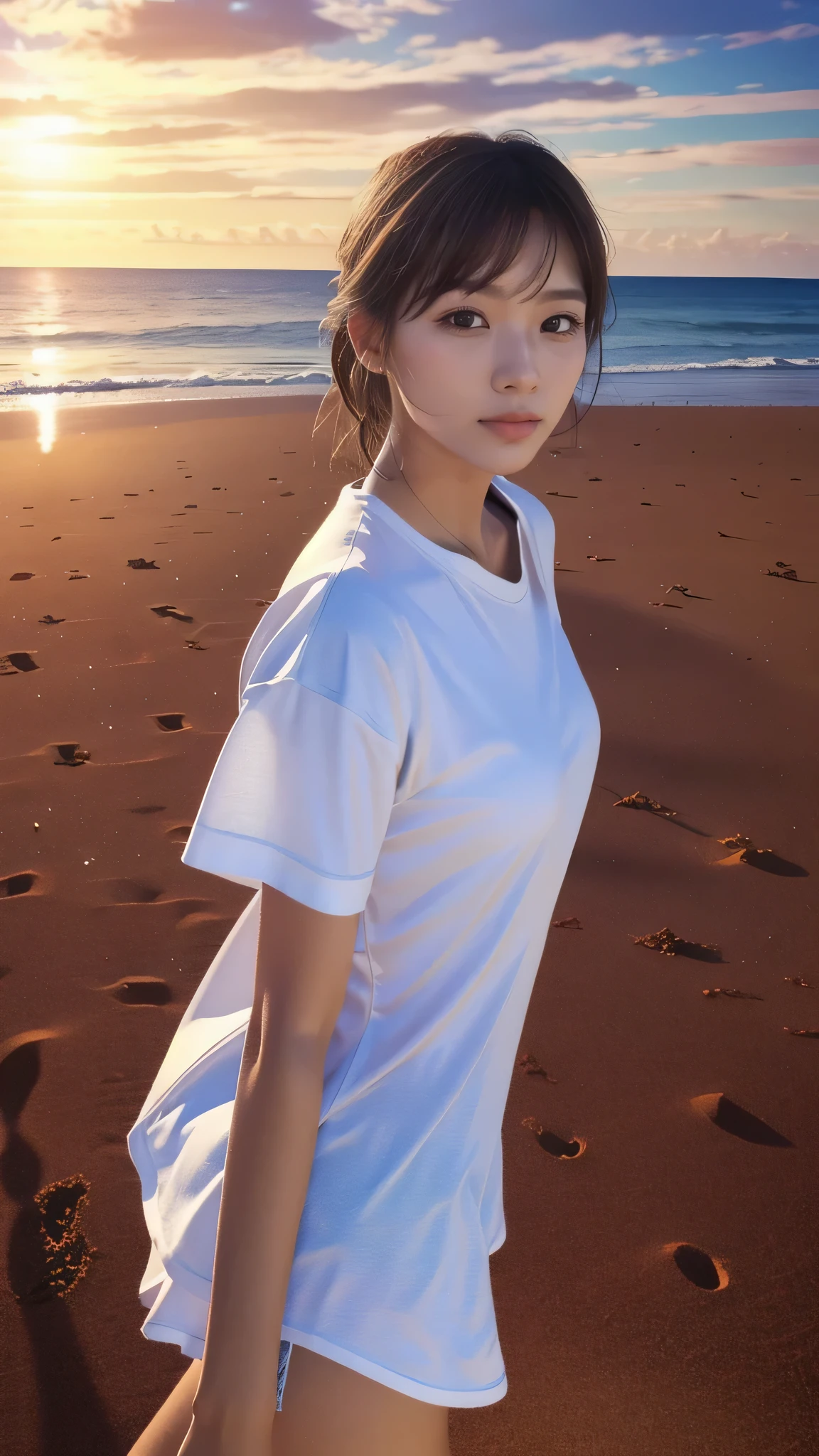 super detailed, High resolution, (realistic, realistic: 1.4), 8k, RAW photo, (table top), (highest quality), Physically based rendering, Female college student, brown hair, sandy beach, _white_shirt、
