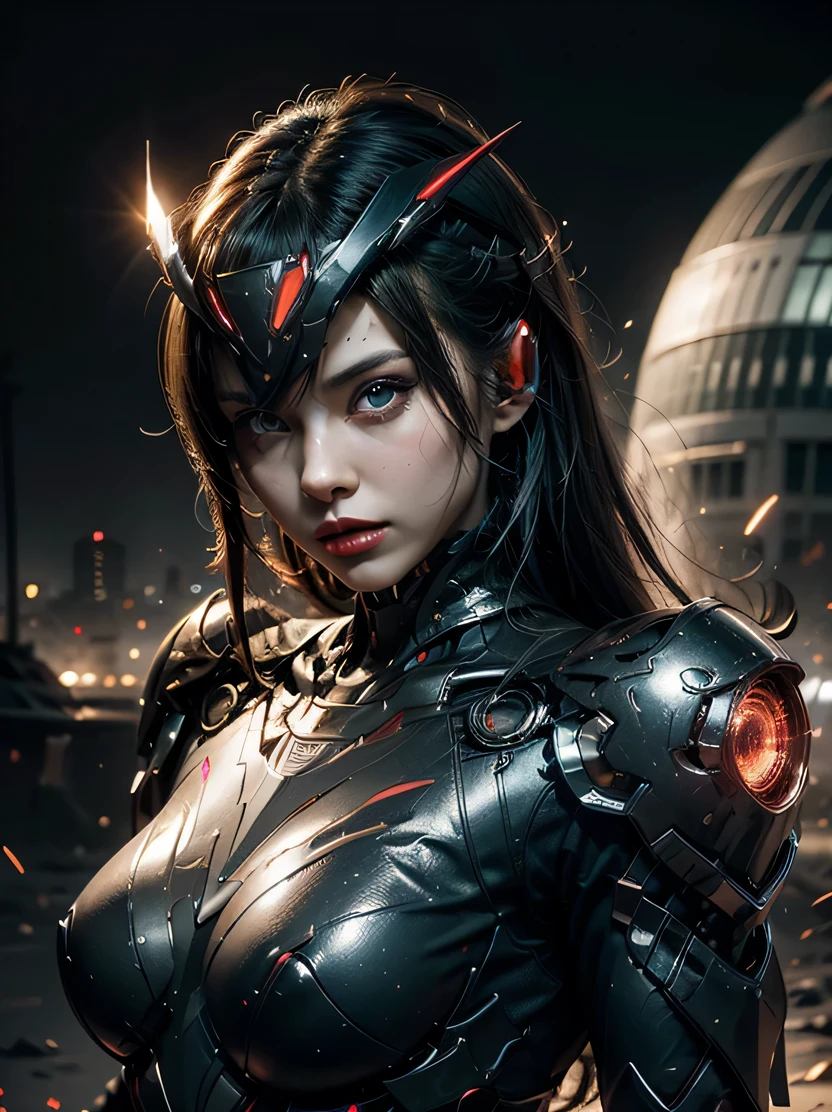 ((masterpiece、highest quality、Super detailed、High resolution、realistic、sharp focus、cinematic lighting))、bust shot、high contrast、future girl、wearing armor、red lips、highly detailed eyes and face、beautiful eyes、Mechanical joint、Combat goggles、Armoured helmet、dark atmosphere、The background is a futuristic city、Planets in the sky、dynamic action pose、model shooting style、view audience、Mecha musume、headgear、Mecha
