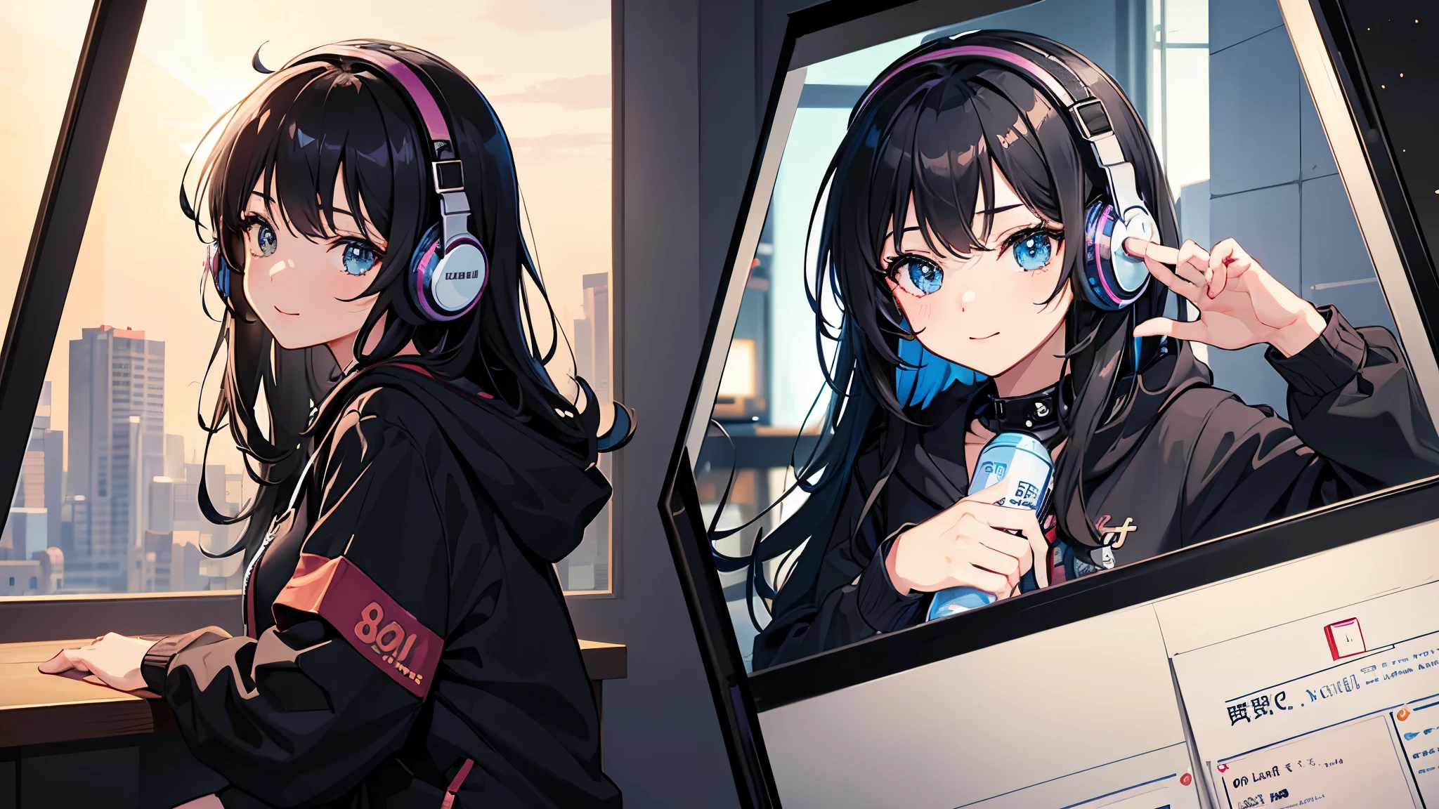 ((Best Quality, 8K, Masterpiece: 1.3)),((Amazing detail: 1.2)),((illustration: 1.1)),, Girl, Solo, Colorful, listening to music in a cozy room at night, Using headphones, Wears black hoodie -style animation, Lo-Fi(Lo-Fi), high image quality　black curlyhair, longeyelashes, solid circle eyes, light smile, anime, anime style, tachi-e, multiple views, super detail, ccurate, best quality, UHD, retina, high quality