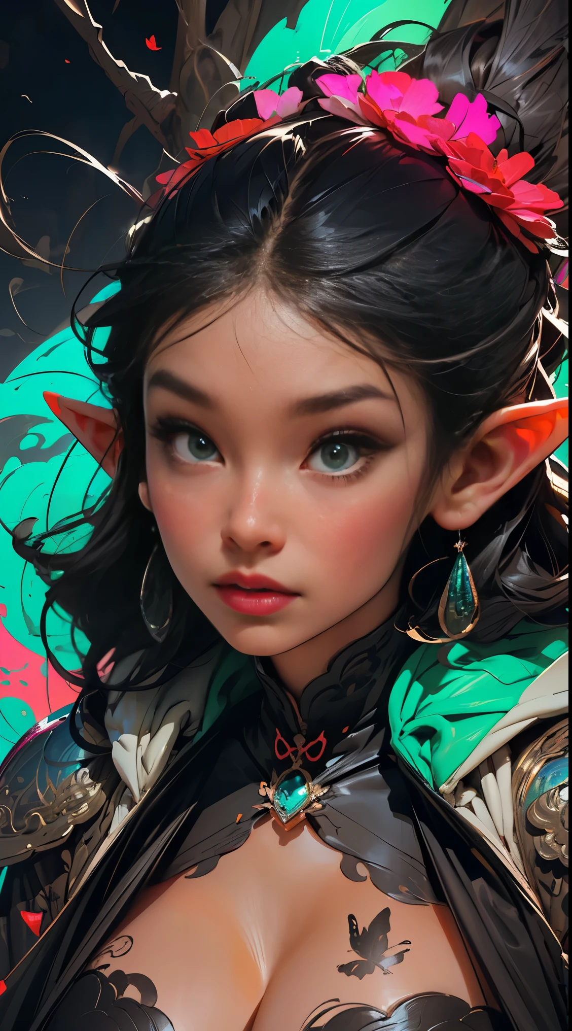 (masterpiece, top quality, best quality, official art, beautiful, cosmic, atmospheric, psychedelic, dreamlike and aesthetic, swirling psychedelic cosmic graffiti patterns:1.2), (1elfgirl), extreme detailed,(fractal art:1.3),colorful,highest detailed, "(Best Quality, 8K, 32K, masutepiece:1.3), Ultra-detailed, (Photorealistic:1.4), perfect color scheme, albino, elf princess Girl, Detailed moonlight eyes, full body portrait, very long luxurious rainbow colored hair, highly detailed Harajuku-inspired hooded battle armor, super huge enormously gigantic tits, cleavage showing, Avant-garde makeup, Numerous piercings, Heavily tattooed body, flower pedals and butterflies blowing in the wind, enchanted cosmic aesthetic atmospheric dreamlike forest background