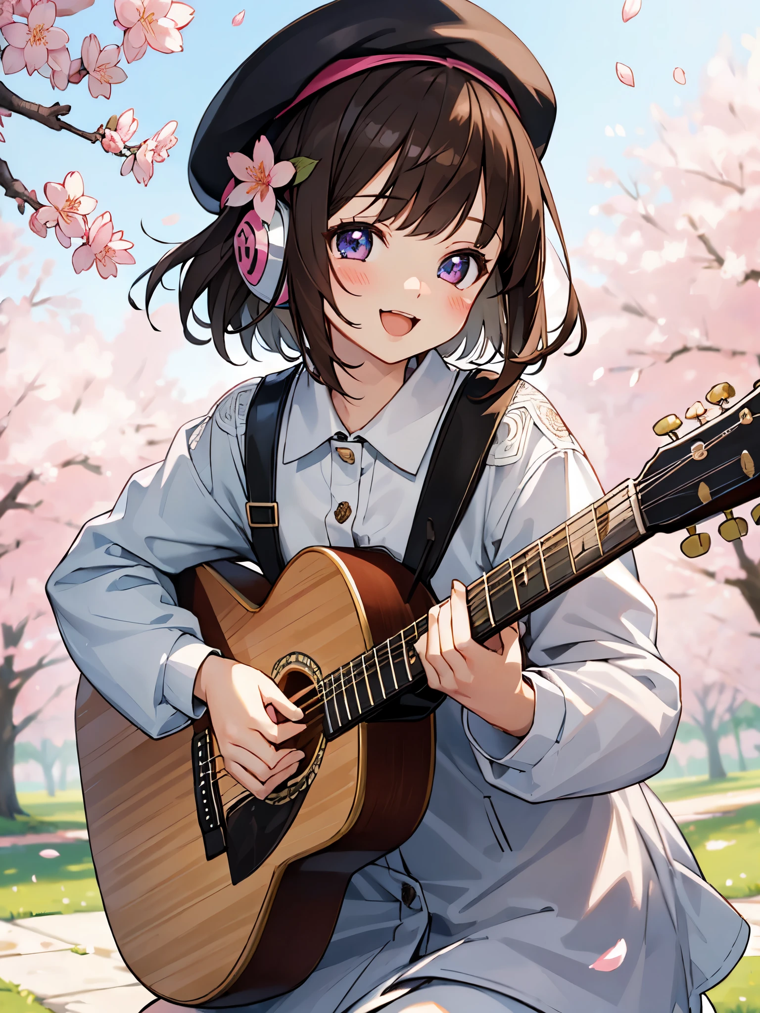 (masterpiece),(best quality),(ultra-detailed), (full body:1.2), 1girl,cute, smile, open mouth, flower, outdoors, playing guitar, music, beret, holding guitar, jacket, blush, tree, :3, shirt, short hair, cherry blossoms, green headwear, blurry, brown hair, blush stickers, long sleeves, bangs, headphones, black hair, pink flower, (beautiful detailed face), (beautiful detailed eyes),