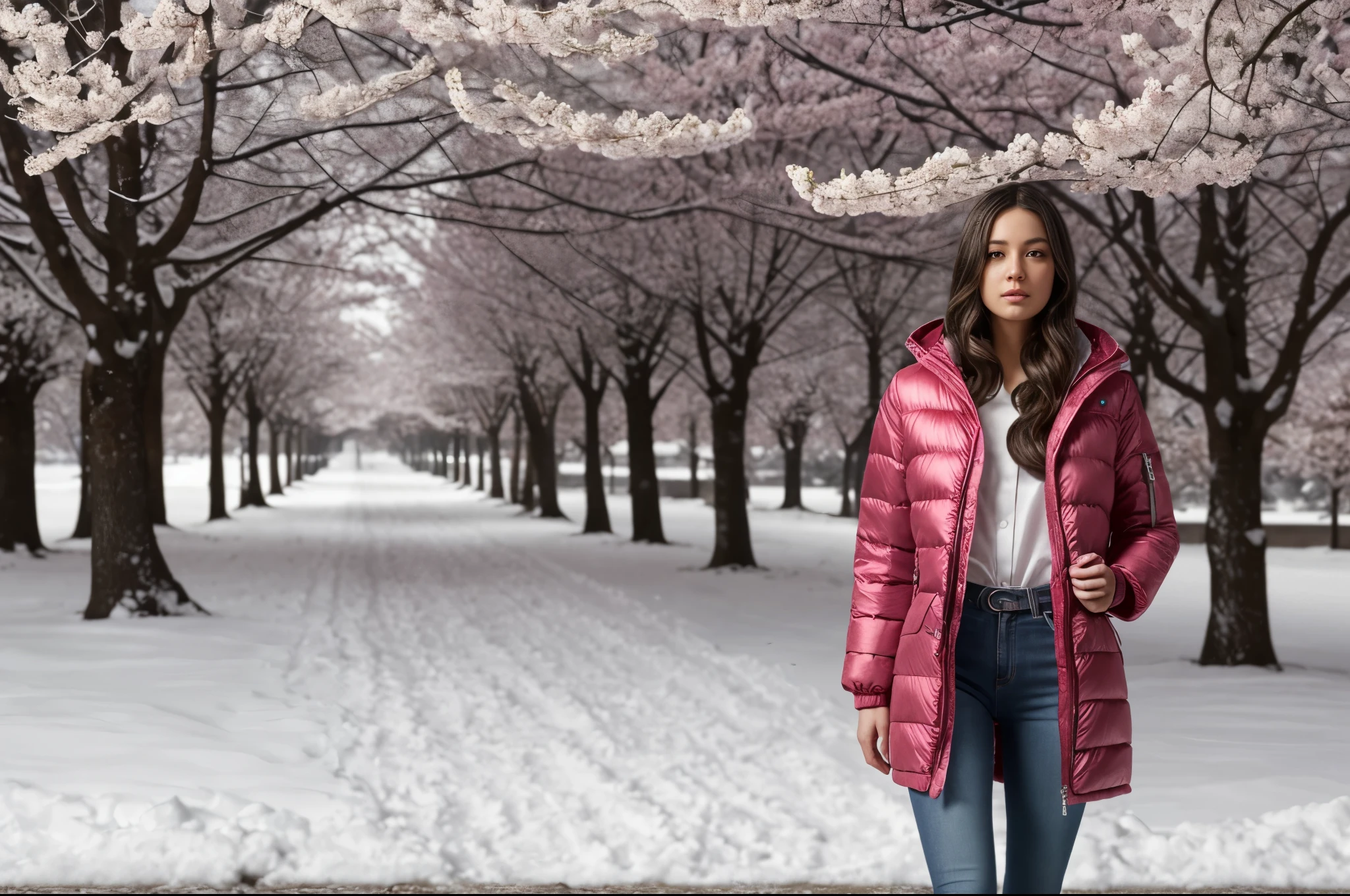 Plum blossom background,cute,Fashion,young woman,full body portrait,wide angle shot,Pink down jacket,light,snow scene,snow,snowy night,cool and warm colors,National Geographic award-winning photography,8K,Uhd,hdr,Perfect details,Advanced color scheme,sharp focus,clear picture,Realistic photography,Canon camera shooting,snow scene,(RAW photo, best quality), (realistic, photo-realistic:1.3), masterpiece, an extremely delicate and
beautiful, highres, original, perfect lighting, (extremely detailed CG:1.2), unity, 2k wallpaper,
Amazing, finely detail