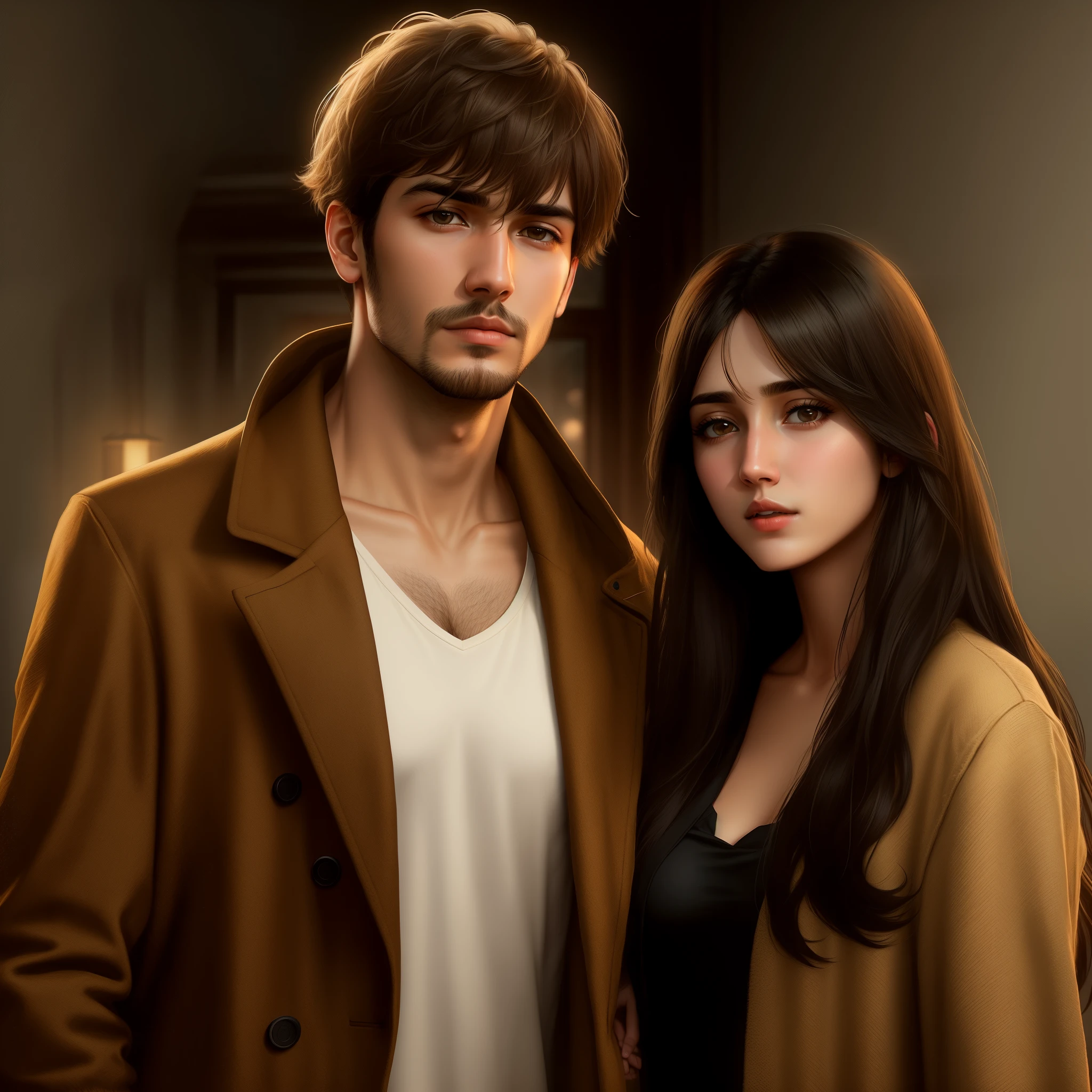 A 23 years old Man wearing Long brown Coat and white t- shirt, Rough short hairstyle standing with A 23 years old Girl , unreal engine 5, octane renderer, girl with (long black hairs) , Girl Wearing Pakistani Dress, High details, Cinematic look, ultra realistic