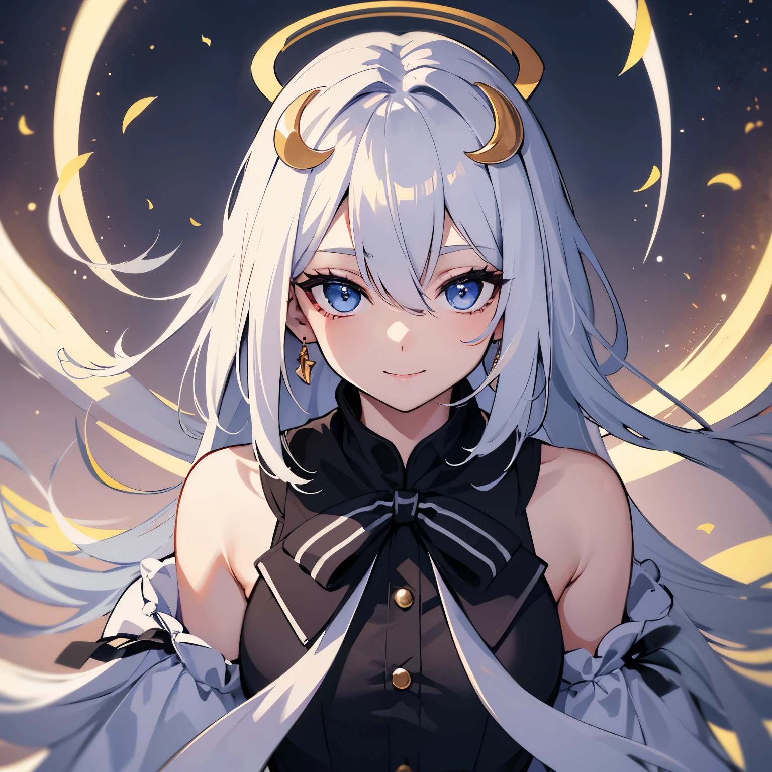 silver hair, hair over one eye, halo, crescent hair ornament, crescent earrings, smile, Men's suits, long skirt, Cello, Asymmetrical stockings, blue eyes, individual, short hair, Long hair on the temples, a girl, Seraphim, Kotoyumi, Cover your hair, Single portrait, Surrealism, anime style, 8k, super detail, UHD, best quality, highres