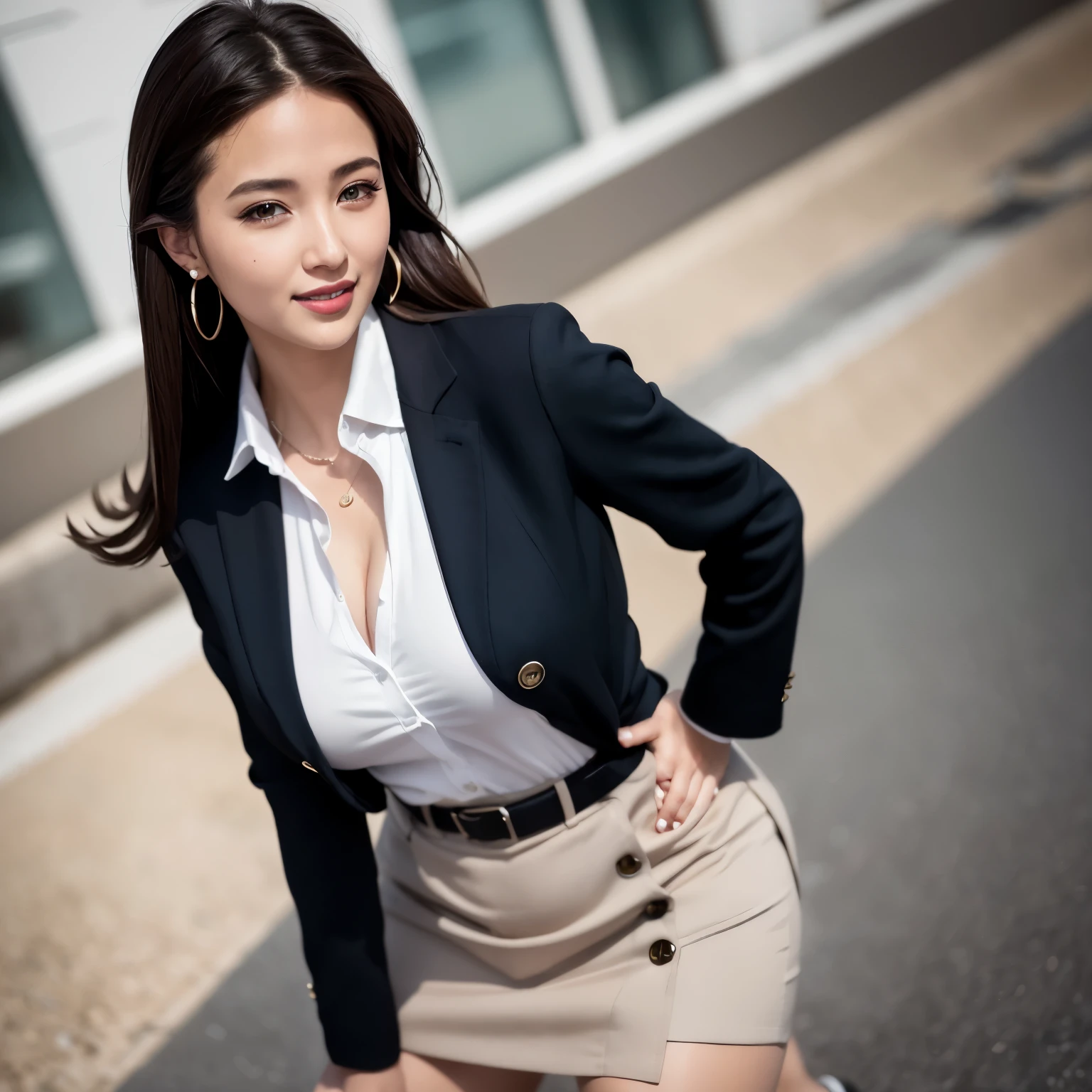 (8K, Best quality, Masterpiece:1.2),
(Realistic, photo-realistic:1.37),
Ultra-detailed,
1 girl, full bodyesbian, Outdoors, (Adjust hair:1.5)
Office Lady, black officeblazer, officeskirt, (Pantyhose:1.2), (short buttoneddownshirt:1.2), buttonedupcollarprim, buttoneddowncollarprim, Bra, (Pantyhose:1.2), alphalayers, high-heels,
Beautiful earrings,
Cute,
Solo,
Beautiful detailed sky,
(Smile:1.15),
(Closed mouth),
Small breasts,
Beautiful detailed eyes,
Business attire,
(Short hair:1.2),
Floating hair NovaFrogStyle,