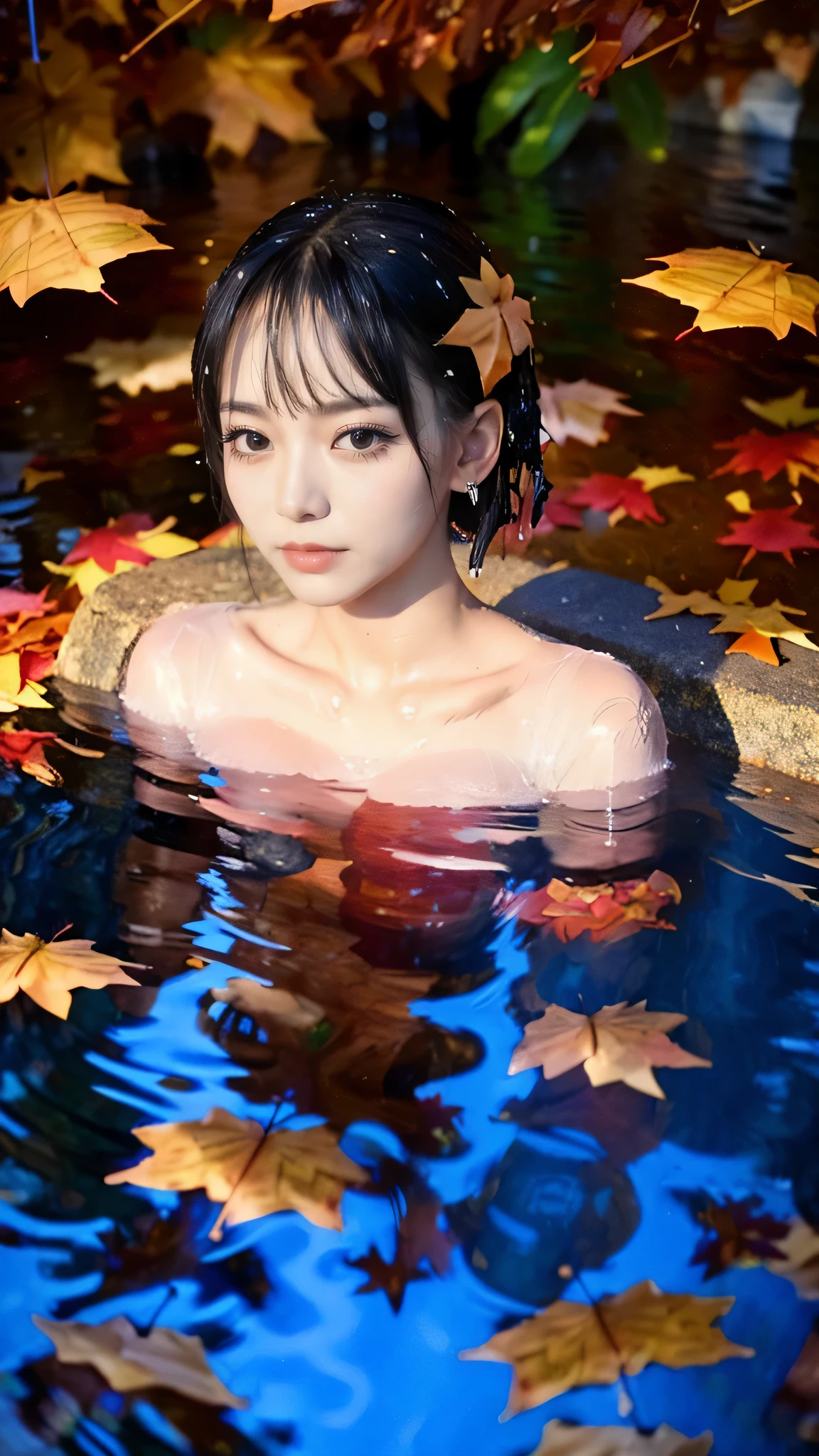 absurd, super detailed,bright colors, very beautiful detailed anime face and eyes, Look straight, ;D, shiny_skin,25 years old,(hot spring:1.4),(waterlogged:1.4),(bath towel:1.2),(Wet:1.4)、(Overflowing hot tub),short hair,asymmetrical bangs, Blonde short twin tails, shiny hair, delicate beautiful face, blush、(deep blue eyes:1.3), White skin, Barrette, earrings,(Lots of autumn leaves:1.4),beautiful clouds, dusk sky,