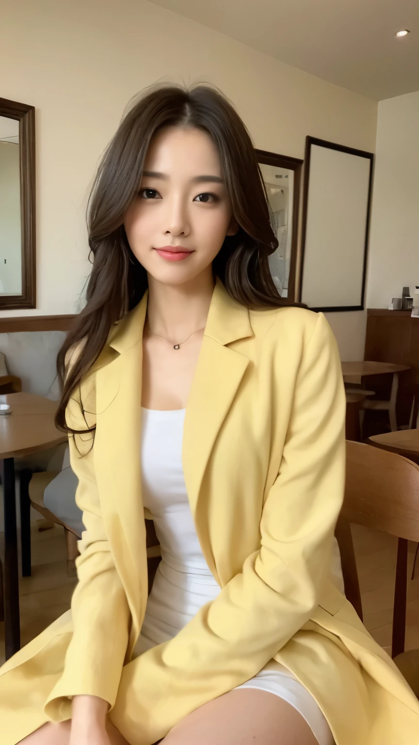 ((top-quality、8k、masterpiece:1.3))、Beautiful woman with perfect body:1.4、slim abdomen:1.2、Longhair, normal breast, Highly detailed facial and skin texture, A detailed eye, delicate eyes, double eyelid, (smile), (full body shot), ((cafe 1.2)), (sitting on chair), ((wearing white uniform with yellow coat)), looking in front