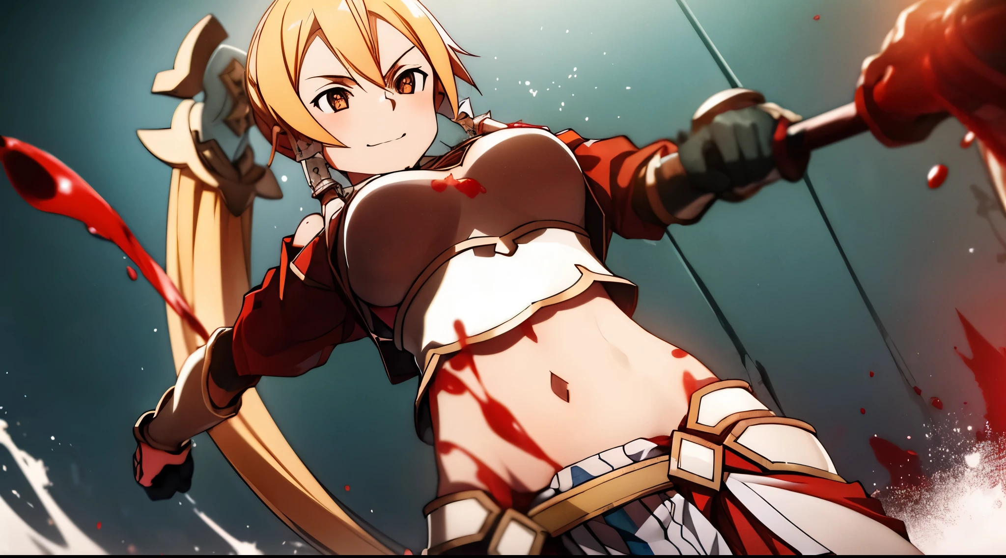 girl, belly button, big breasts, Queen, bullying, has a severed head, red fluid on body, red liquid on armor, belly buttonについた赤い液, Red fluid on my chest, tall, long sword, slashing sword, red liquid splashing, belly buttonについた赤い液 , red liquid on belly, gun, knife, sword, war, underwear, kill, cut off the head, shot from below, sensual, Red fluid on my chest, smile, holding a dead person's head, grabbing a man's neck, enemy is falling, giving the final blow