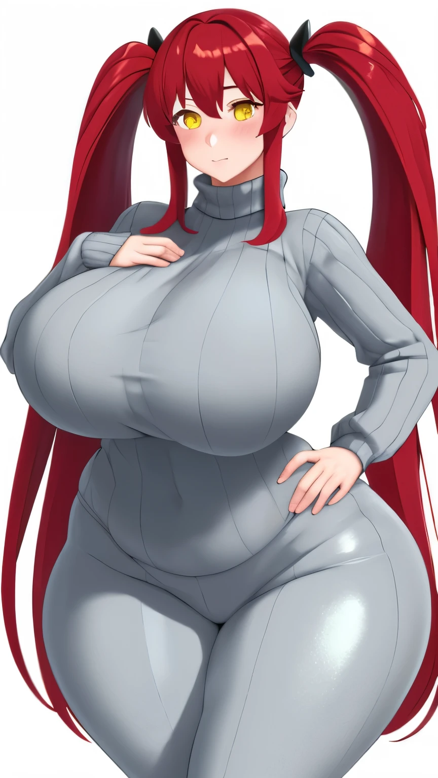 masterpiece, best quality, 1girl, solo, turtleneck sweater, ribbed sweater, red hair, twintails, very long hair, yellow eyes, huge breasts, looking at viewer, blush, mature female, wide hips, white background, hand on hip, hand on own chest