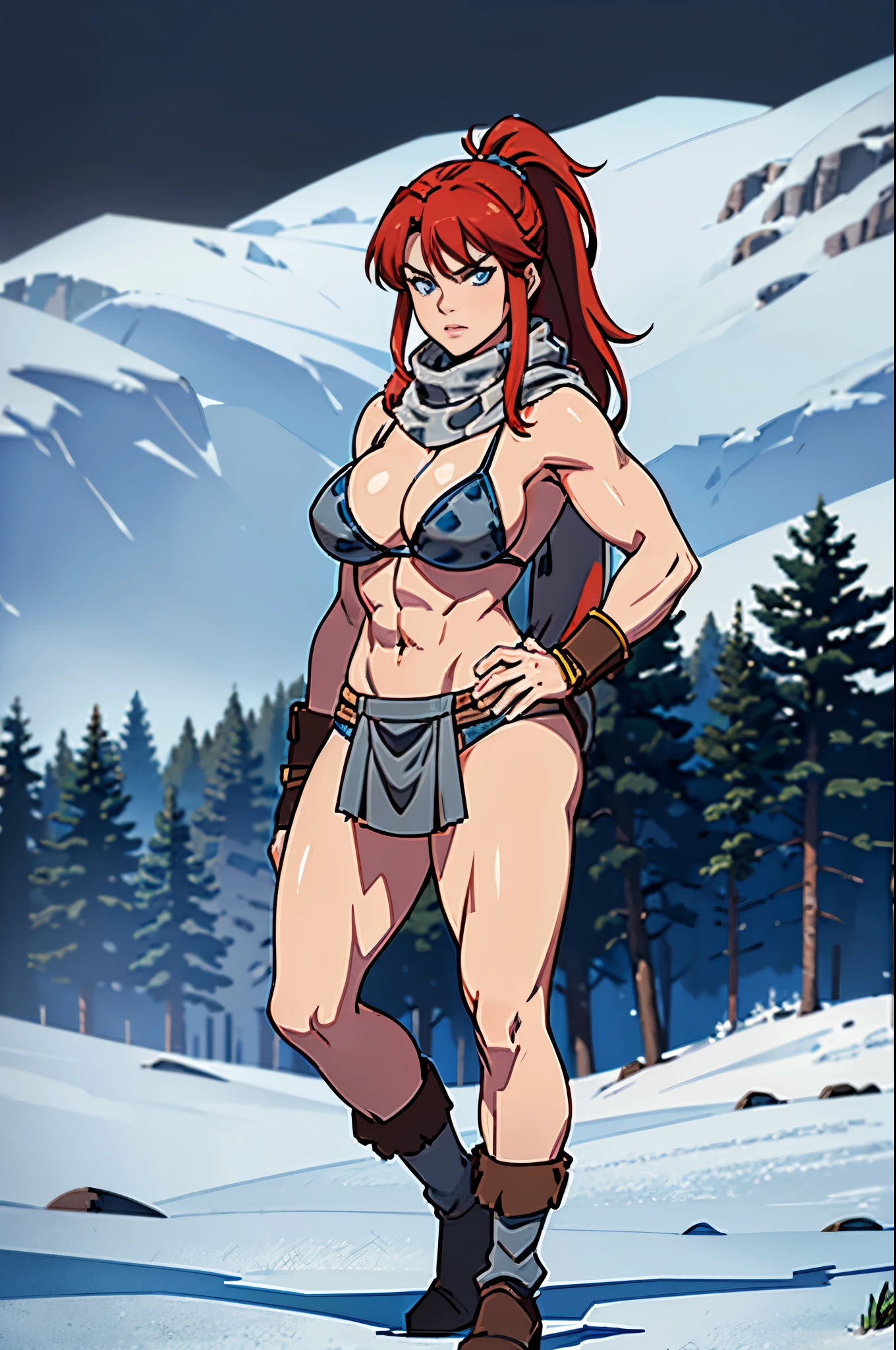 Best high quality, masterpiece quality, full body portrait, cowboy shot, human, 1woman, ((blue eyes)), athletic, muscular, barbarian, berserker, large breasts, buxom, large wide hips, redhead long ponytail, grey fur scarf, blue grey leopard bikini, wearing a loincloth skirt, Red Sonja, winter forest background backdrop