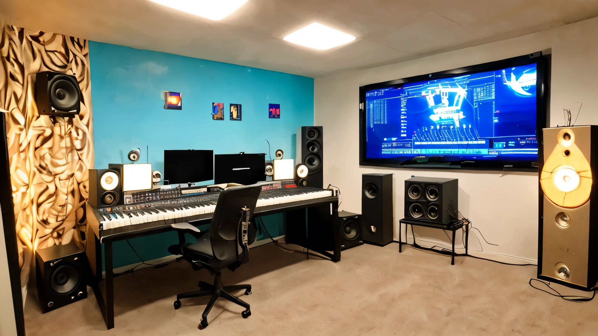 (best quality,4k,highres,masterpiece:1.2),ultra-detailed,(realistic:1.37),(neon lights:1.1),(synthesizer:1.1),(mixer console:1.1),(music studio:1.1),(producer's studio:1.1),(man with headphones),(warm ambiance:1.1),(modern:1.1),(music room),(man sitting in front of mixing desk),(wall-mounted neon lights),(warm color tones),(professional),(vivid colors),(studio lighting)