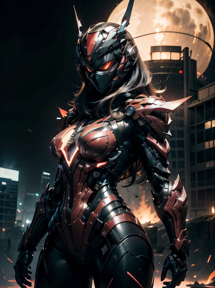 ((masterpiece、highest quality、Super detailed、High resolution、realistic、sharp focus、cinematic lighting))、middle shot、high contrast、future girl、wearing armor、red lips、highly detailed eyes and face、beautiful eyes、Mechanical joint、Combat goggles、Armoured helmet、dark atmosphere、The background is a futuristic city、Planets in the sky、dynamic action pose、model shooting style、view audience、Mecha musume、headgear、Mecha
