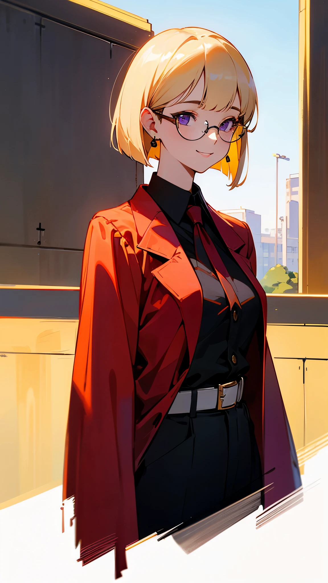 1 girl、solo、Are standing、Upper body、From the side、mature woman、very detailed、Bright colors、composite lighting、professional shading、Sharp and clear images、high quality texture、natural proportions、slender、small breasts、smile、white skin、(blonde)、bob cut、purple eyes、Akagi glasses、Wearing a red rider's jacket、(long sleeve blouse)、ruffle blouse、Formal style、earrings、Urban building background、roof of the building