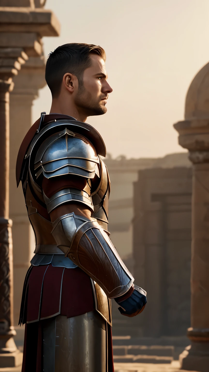 (Male gladiator)、(side profile view)、fist up, clean shaven face, no beard、short hair、front lighting 、(wearing armor)、magnificent artwork、Full Rendering