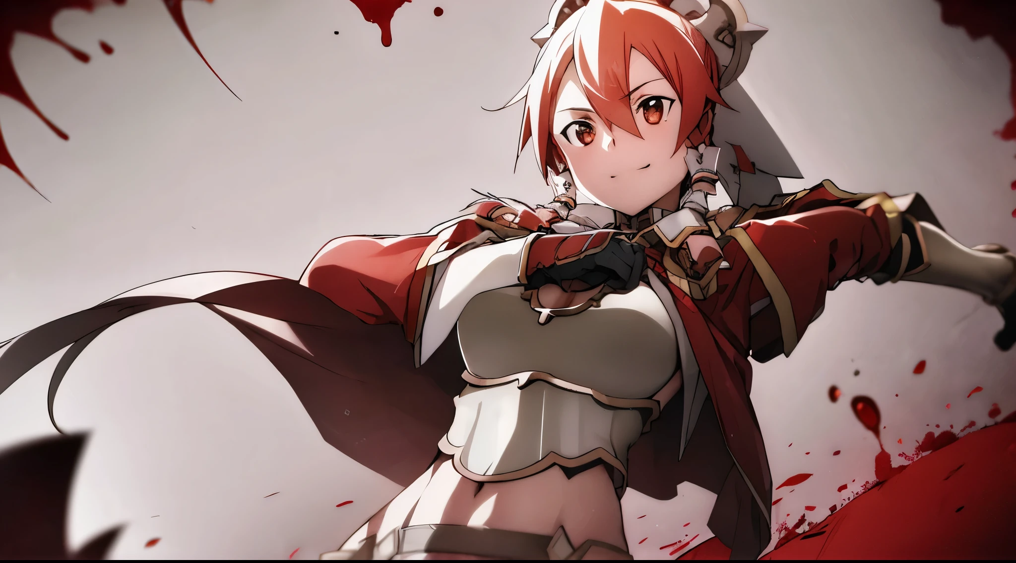 girl, belly button, big breasts, Queen, bullying, has a severed head, red fluid on body, red liquid on armor, belly buttonについた赤い液, Red fluid on my chest, tall, long sword, slashing sword, red liquid splashing, belly buttonについた赤い液 , red liquid on belly, gun, knife, sword, war, underwear, kill, cut off the head, shot from below, sensual, Red fluid on my chest, smile, holding a dead person&#39;s head, grabbing a man&#39;s neck, enemy is falling, giving the final blow