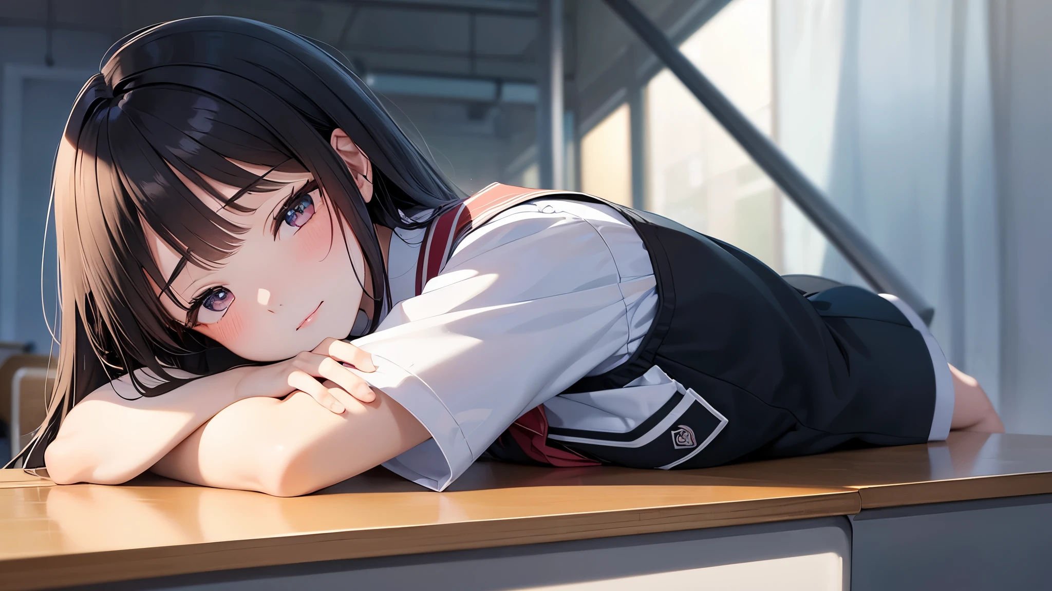 a , female, beautiful and cute, [solo character], ((fall asleep at the school desk)),(black single sidelock hair), bright eyes, gradient eyes, school unifrom, (in the classroom),((anime style)), (cinematic lighting), (ray tracing), ((reflection light)), ((side-shot)), atmospheric perspective, masterpiece, accurate, ((best quality)), high quality, super detail, high details, anatomically correct, highRes, 1080p,