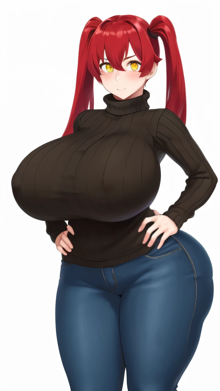 masterpiece, best quality, 1girl, solo, turtleneck sweater, ribbed sweater, red hair, twintails, very long hair, yellow eyes, huge breasts, looking at viewer, blush, mature female, wide hips, white background, hand on hip, hand on own chest