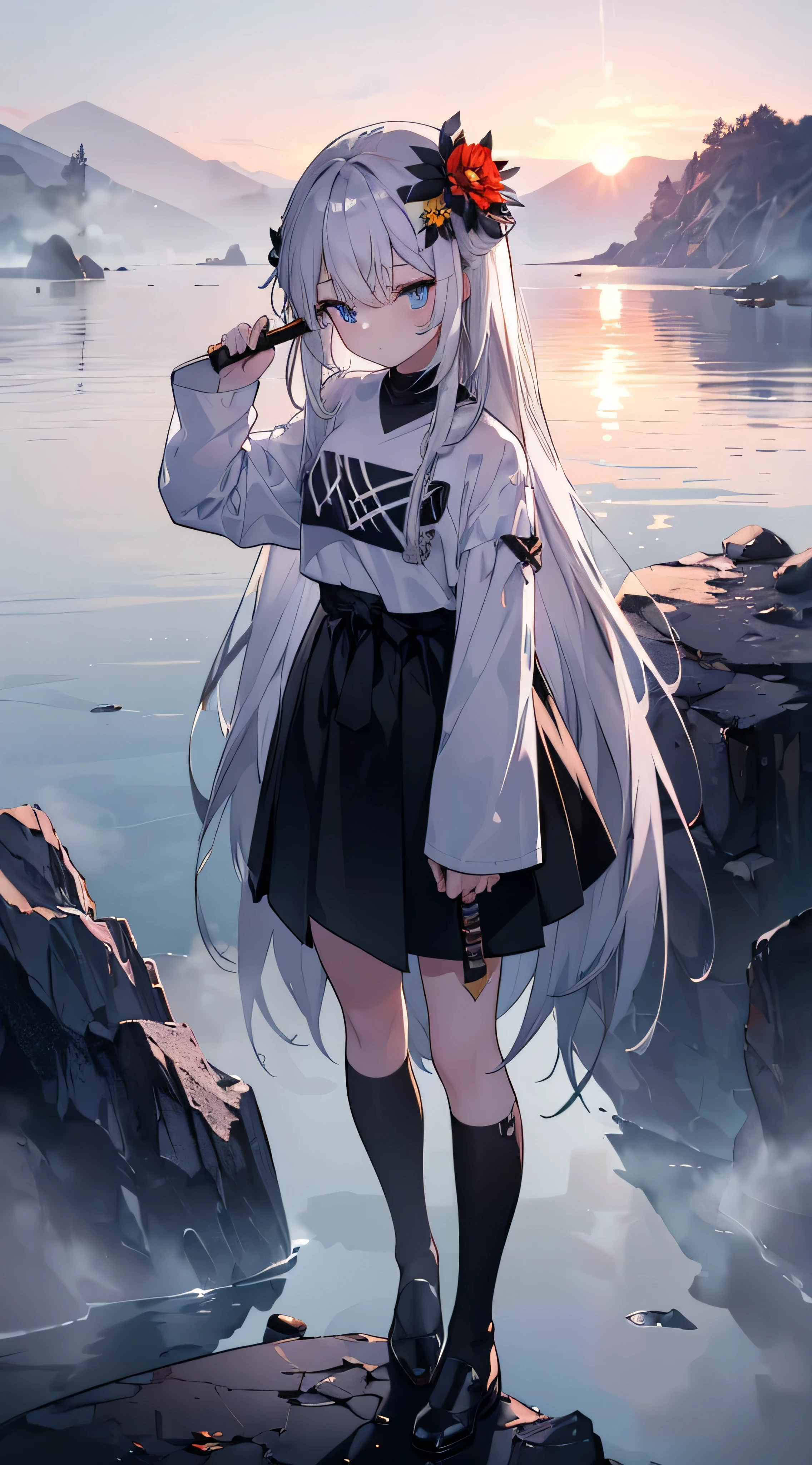 (masterpiece, war theme, 8k, best quality, maximum sharpness, ultra detail, best color, detailed eyes, very well, (super accurate), dark and white theme, beautiful eyes, foggy theme, sunset, gradient sky, shooting star, 1girl, holding a katana, solo, bright blue eyes, silver hair, full body, white t-shirts, lower bodies covered in bandages, long hair, black flower hair ornament, standing on a rock, girl's head looking up, hands raised up, The background is a stone field, filled with mist, misty, swordland, full of particles) focus at a girl