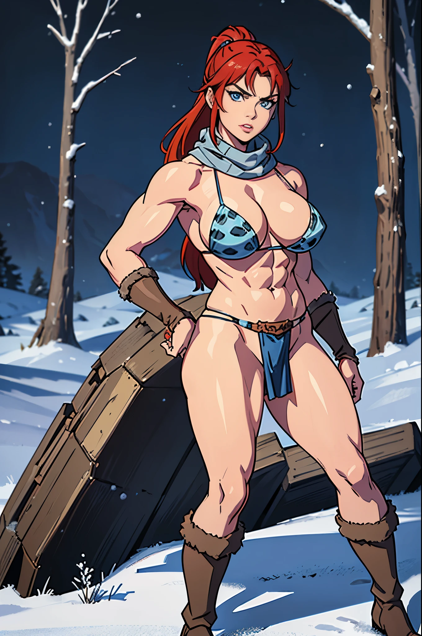 Best high quality, masterpiece quality, full body portrait, cowboy shot, human, 1woman, standing upright, ((blue eyes)), athletic, muscular, barbarian, berserker, large breasts, buxom, large wide hips, redhead long ponytail, grey fur scarf, blue grey leopard bikini, wearing a loincloth skirt, Red Sonja, winter forest background backdrop