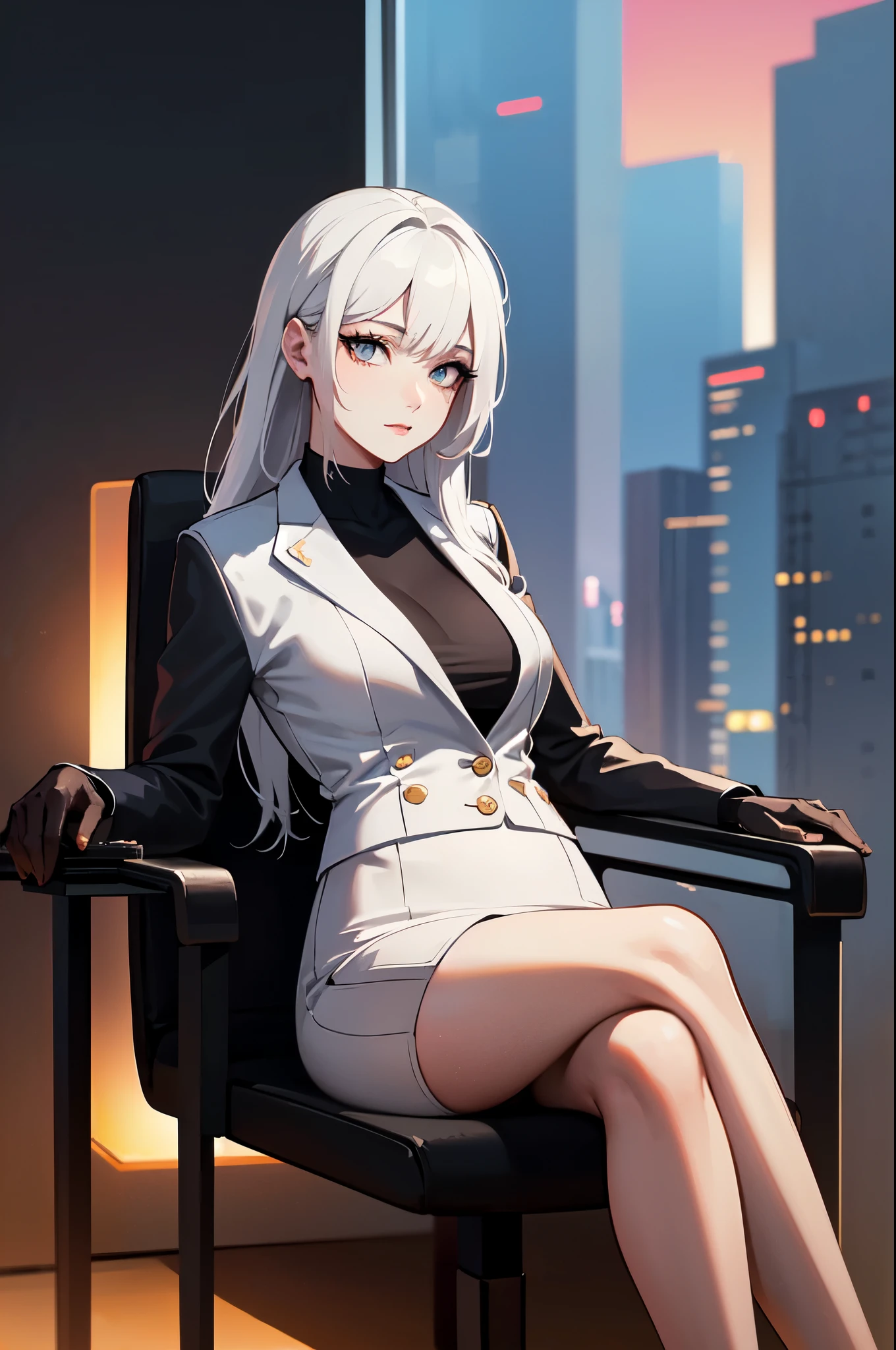 (masterpiece:1.3), (8k, photorealistic, RAW photo, best quality: 1.4), (1girl), beautiful face, (realistic face), Nice hairstyle，Realistic Eyes，Nice detail eyes，（Realistic Skin），Beautiful Skin，Ridiculous，attractive，Ultra high Resolution，an ultra realistic，RAWExtremely detailed，golden proportions, Woman wearing business outfit, white formal blazer, white blouse, white high waist business skirt, beautiful, masterpiece, best quality, perfect lighting, (white hair:1.4), long hair, (grey eyes:1.2), slender build, thin, medium breasts, business woman, ceo of small arms and aerospace centered mega corporation, sitting in luxurious black office chair, giant modern window with view of dusk cyberpunk city skyline in background, torso shot, dusk, (cyberpunk city background:1.3), (Hazy sky:1.2), (Dim red sun:1.3), eyelashes, dark eyeliner, cyberpunk, older, sleek modern-futuristic office, (white clothes:1.2)