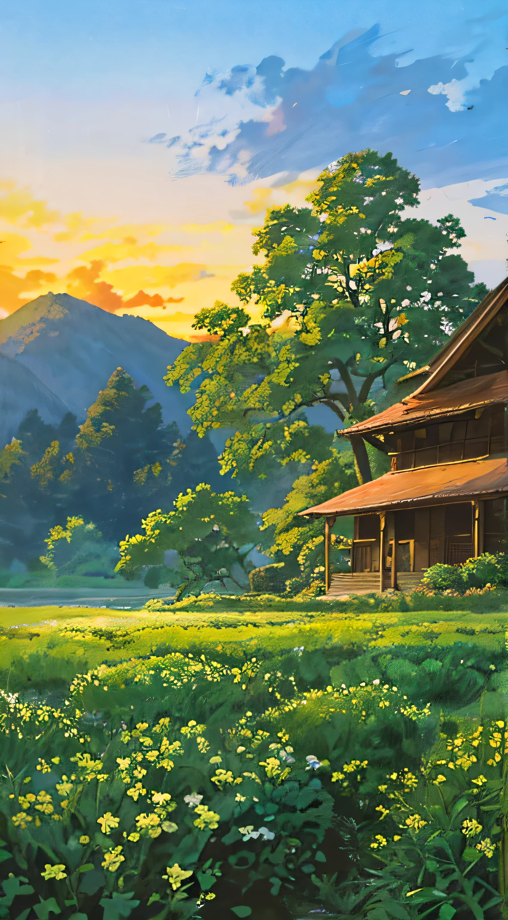 outdoor in the golden hour
Background Ghibli style village,
(fujifilm 16k) ,hyperrealistic, intricate detail, autolevel, dark, art nouveau, dramatic, desaturated, (expansive), intricate (Absurdres, Cinematic, UHD, higher, ultra detailed, ultra detailed), blue sky, cloud in the sky, green field, city, (big tree on the midle), sunset, ultra detailed city, ultra detailed flower field, ultra detailed tree
