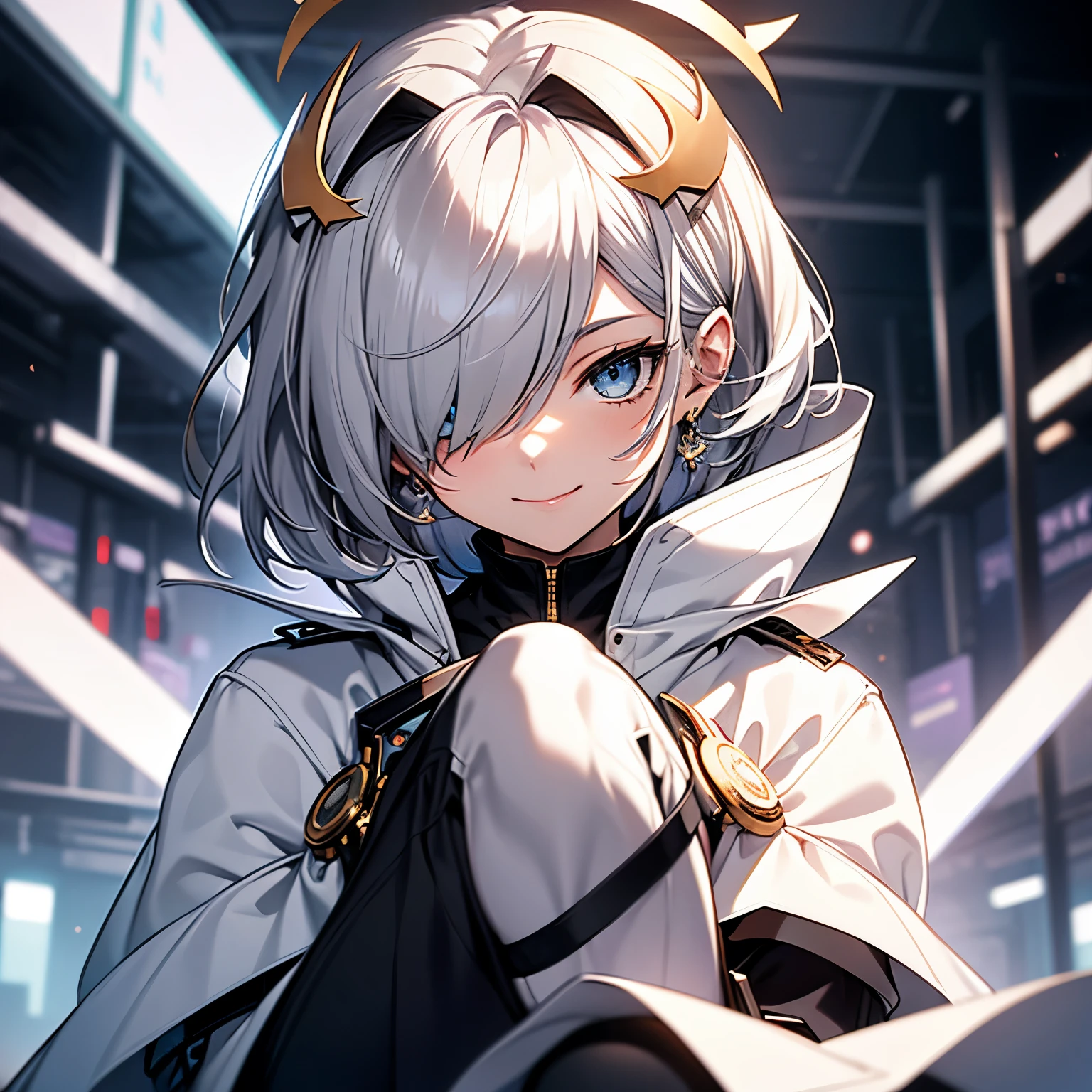 silver hair, hair over one eye, halo, crescent hair ornament, crescent earrings, smile, Men's suits, long skirt, Cello, Asymmetrical stockings, blue eyes, individual, short hair, Long hair on the temples, a girl, Seraphim, Kotoyumi, Cover your hair, Single portrait, Surrealism, anime style, sense of technology, 8k, super detail, UHD, best quality, highres