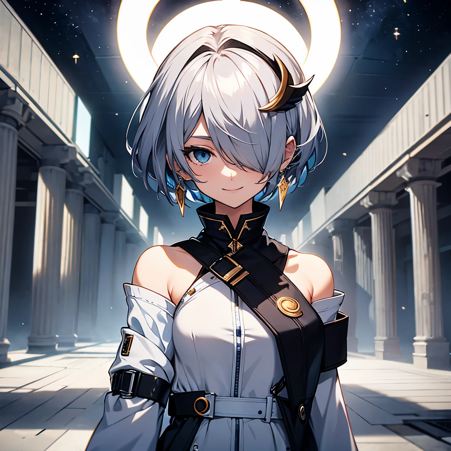 silver hair, hair over one eye, halo, crescent hair ornament, crescent earrings, smile, Men's suits, long skirt, Cello, Asymmetrical stockings, blue eyes, individual, short hair, Long hair on the temples, a girl, Seraphim, Kotoyumi, Cover your hair, Single portrait, Surrealism, anime style, sense of technology, 8k, super detail, UHD, best quality, highres