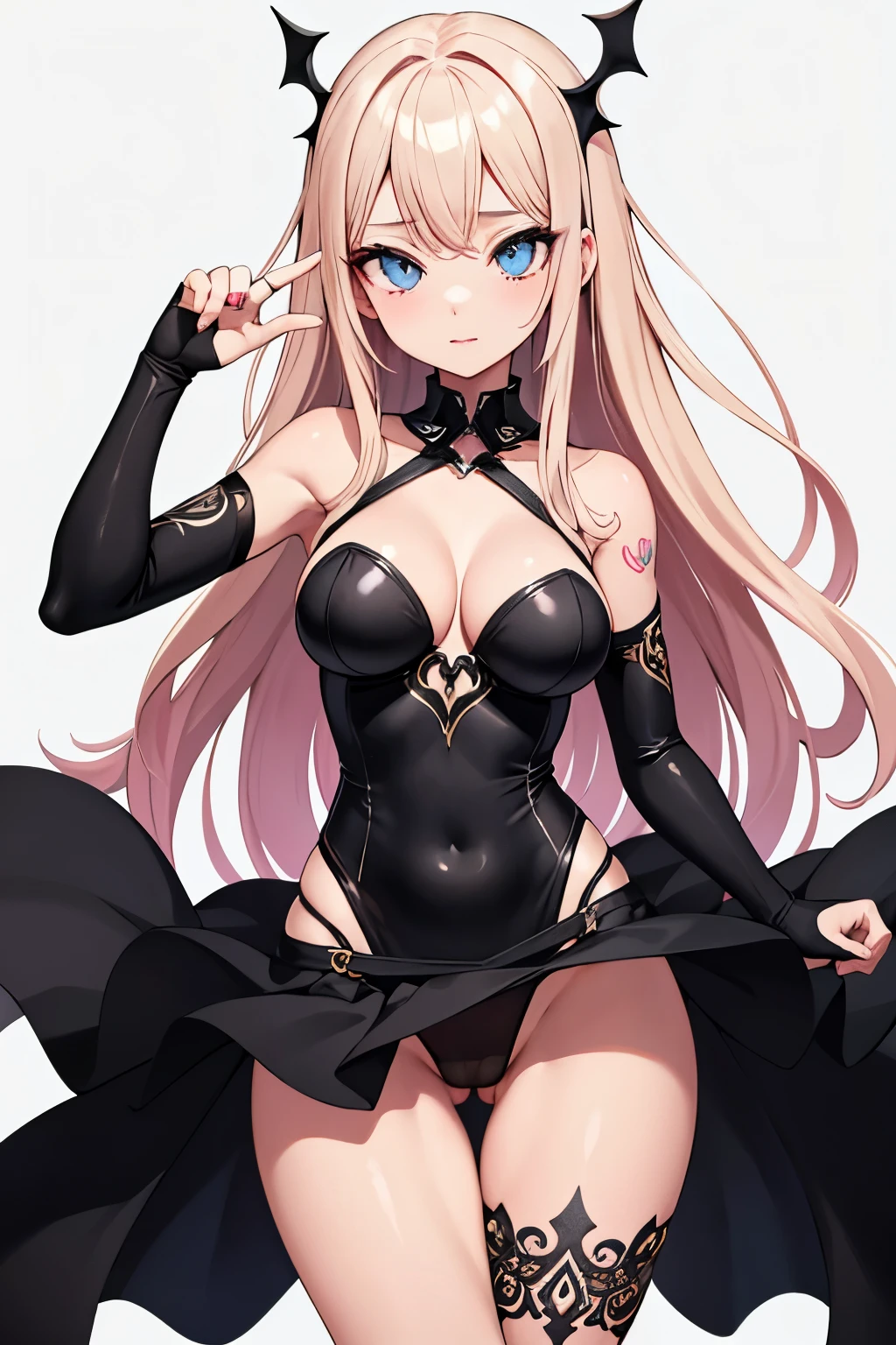 1girl, anime, cute girl, blank background, white background, fantasy, detailed fantasy dress with highlights, beautiful face, beautiful eyes, dark colors, pink hair with some streaks of blue strands, different color pupil in eye, medium small breasts (slightly big), slight cleavage, beautiful skin, cute, breast curtains, extremely delicate and beautiful, (beautiful detailed face:1.0), (detailed deep eyes), symmetrical breasts, deep eyes, shiny skin, portrait, slender waist, hips wider than shoulders, thighs, expressionless, young girl, luminous eyes, adorable,(Kpop idol),(aegyo sal:1),(Platinum blonde hair:1),((puffy eye)),Black panty,sexy posture,Superskirt, ultra high resolution,Black collar,slim figure, Abdominal y tattoo, womb tattoo,Tight-fitting leg ring,y tattoo on half-body,Bare skin, Armored hand,Hidden fingertips,Hand covered,Arm covered,Fist covered,{{beautiful detailed fingers}}, tufts of hair, moderate beautiful breast:1.0,