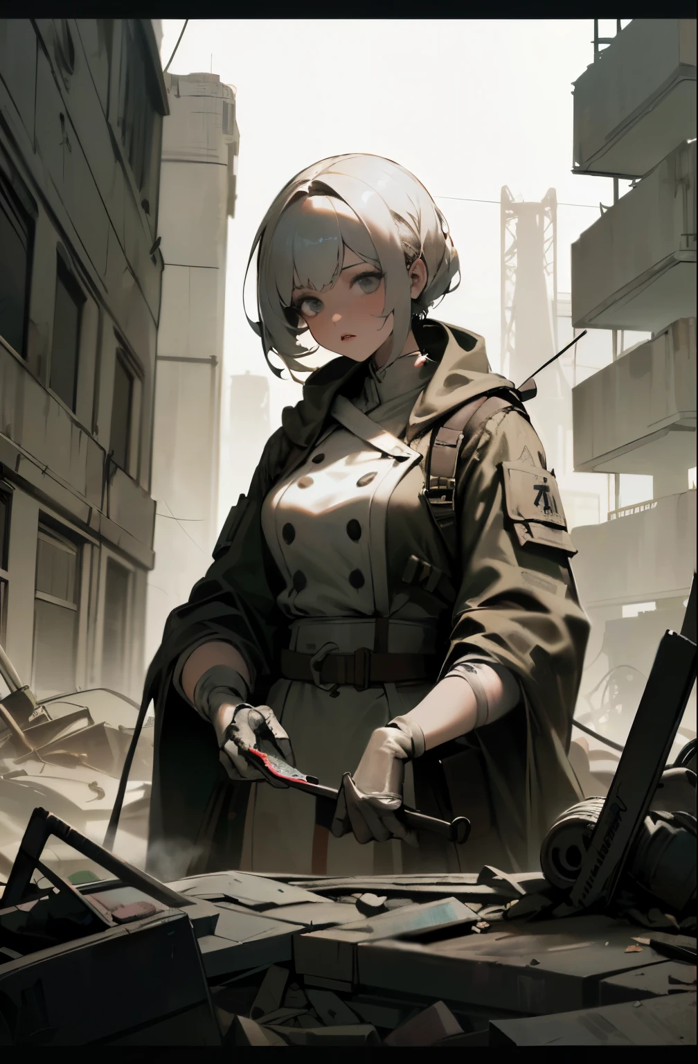 (chef-d'artwork, High quality, best quality), pixels, pixels art, 1 fille, cheveux blanche, corps complet, (((Contemptuous, Hesitate))), (((fond blanc))), ((((Personnages du monde post-apocalyptique du Wasteland)))), ((couture de robes, bunker, Headquarter, FORTUNES, machine, ((Beaucoup d'objets))