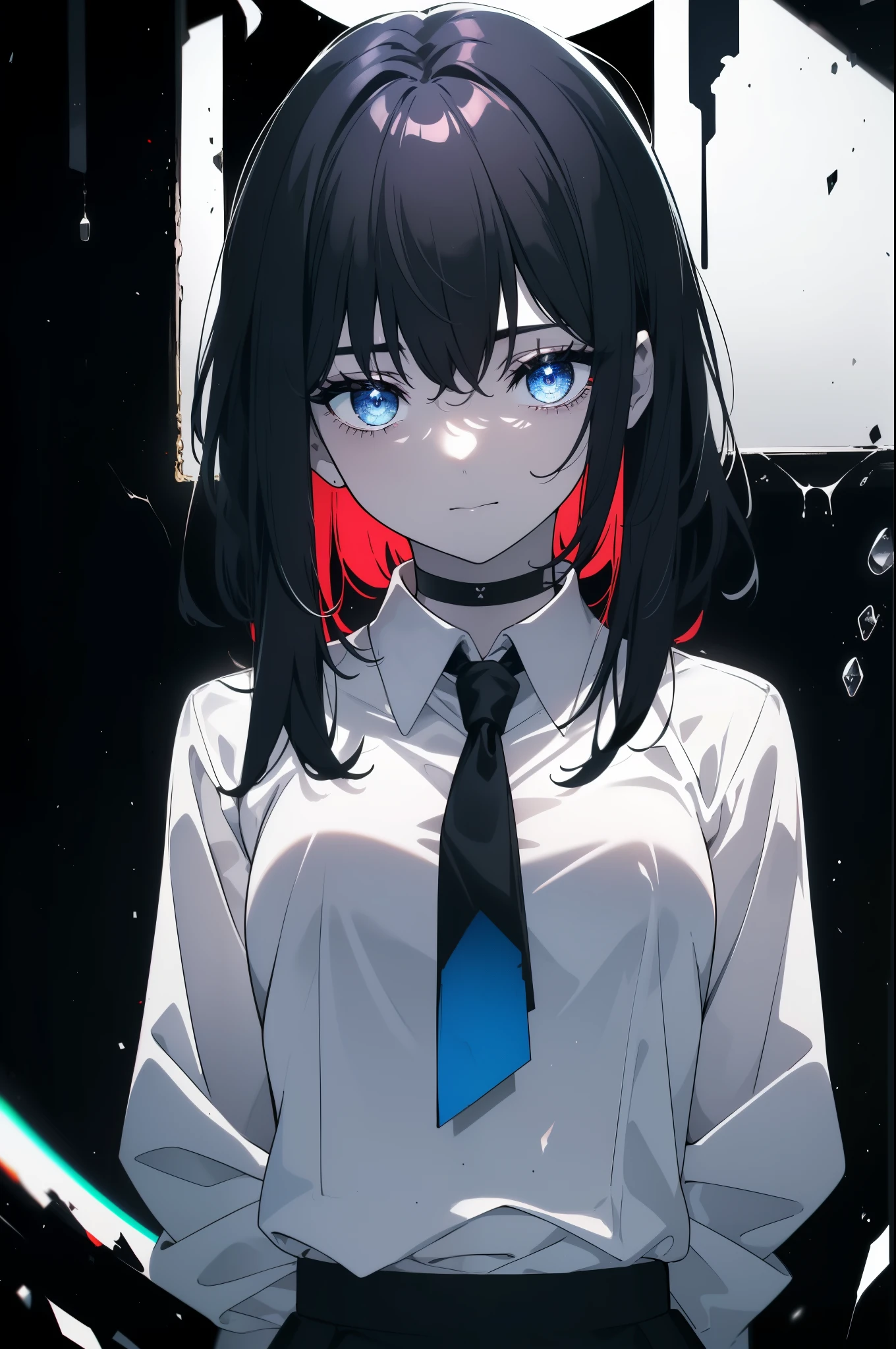 (Obra maestra, La mejor calidad, ultrahigh resolution), 1girl, standing, school uniform, white office shirt, black pleated skirt, ((jet black, jet black hair:0.7), long hair cut, pale skin, ((blue eyes)), glowing_eyes, neon eyes, (ultra detailed eyes, beautiful and detailed face, detailed eyes:0.9), ((centered)), smile, ((wide shot)), facing viewer, eye level, (black background, embers, fire), flat chested, looking at viewer, ((half closed eyes)), ((perfect hands)), (((head, arms, hips, elbows, in view))), ((hands behind back)), empty eyes, beautiful lighting, background, defined subject, 25 years old, perfect anatomy, perfect body