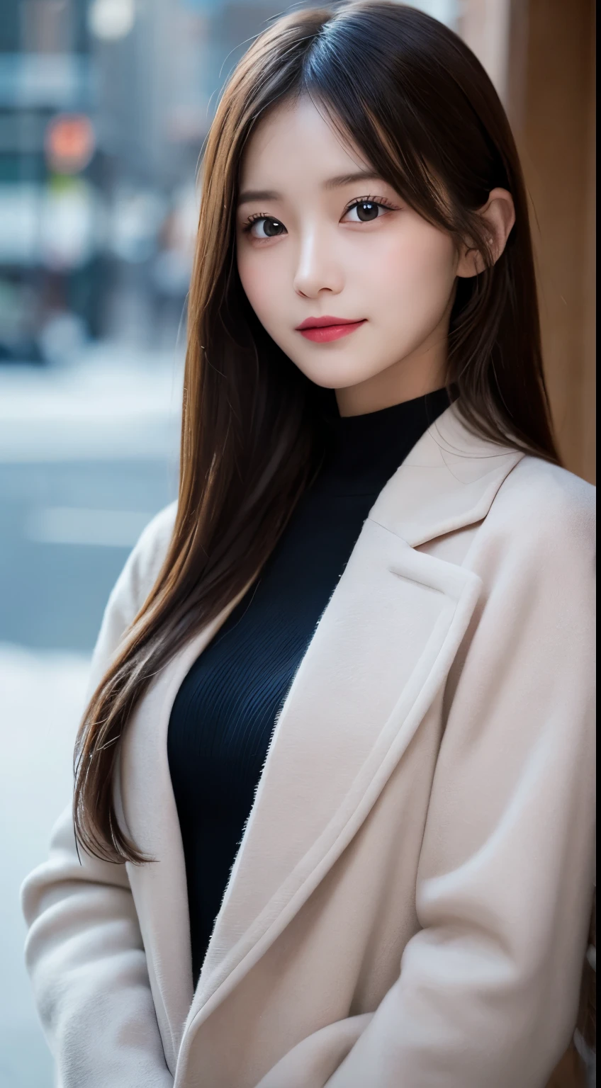 table top, highest quality, shape, Super detailed, finely, High resolution, 8k wallpaper, 完璧なダイナミックな構shape, beautiful and detailed eyes, medium hair, small breasts, natural color lip, random sexy pose,smile,20 year old girl、midnight、beautiful and detailed face、perfect and beautiful face,Big eyes、RAW photo、Expressing feminine poses with your whole body、beautiful and detailed eyes、small face、beautiful duplex、slim face and style,luxury brand mink coat(internal:winter dress)、beautiful golden ratio face,straight hair,bright look、Foot Shooting、blur background,beautiful feet,anatomically correct body
