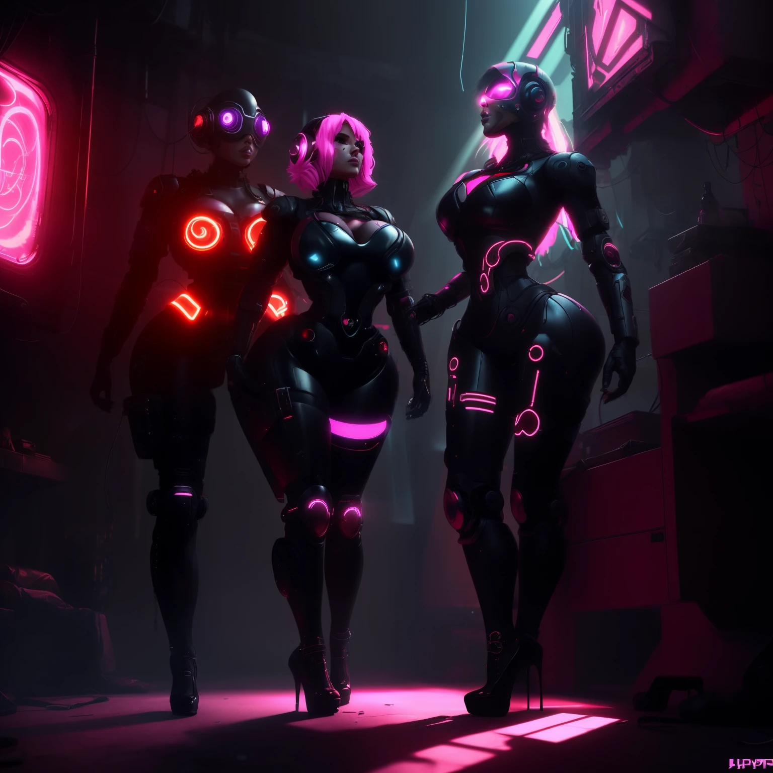 a sex worker bimbo cyborg lady with a human heart, average height, extreme curvy body, being turned into a sexbot, properly clothed, sci-fi apocalyptic environment with volumetric lighting god rays, colorful with warm colors, cyberpunk, hyperealism , high heels.