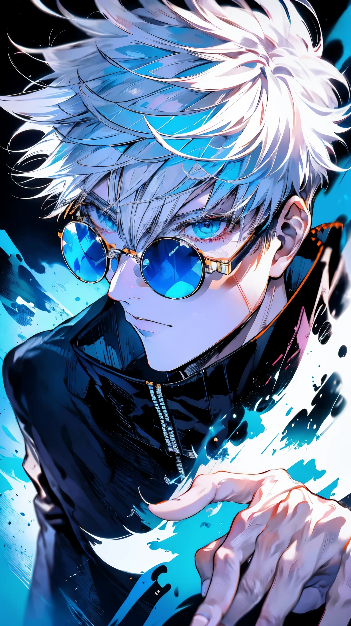 Satoru Gojo, Jujutsu Kaisen, Handsome man with white medium length hair, wearing sunglasses and blue galaxy in his eyes, Sunglasses on the bridge of his nose, revealing his deep blue eyes, looking at viewers, hyper-realistic atmospheres, details, 8k