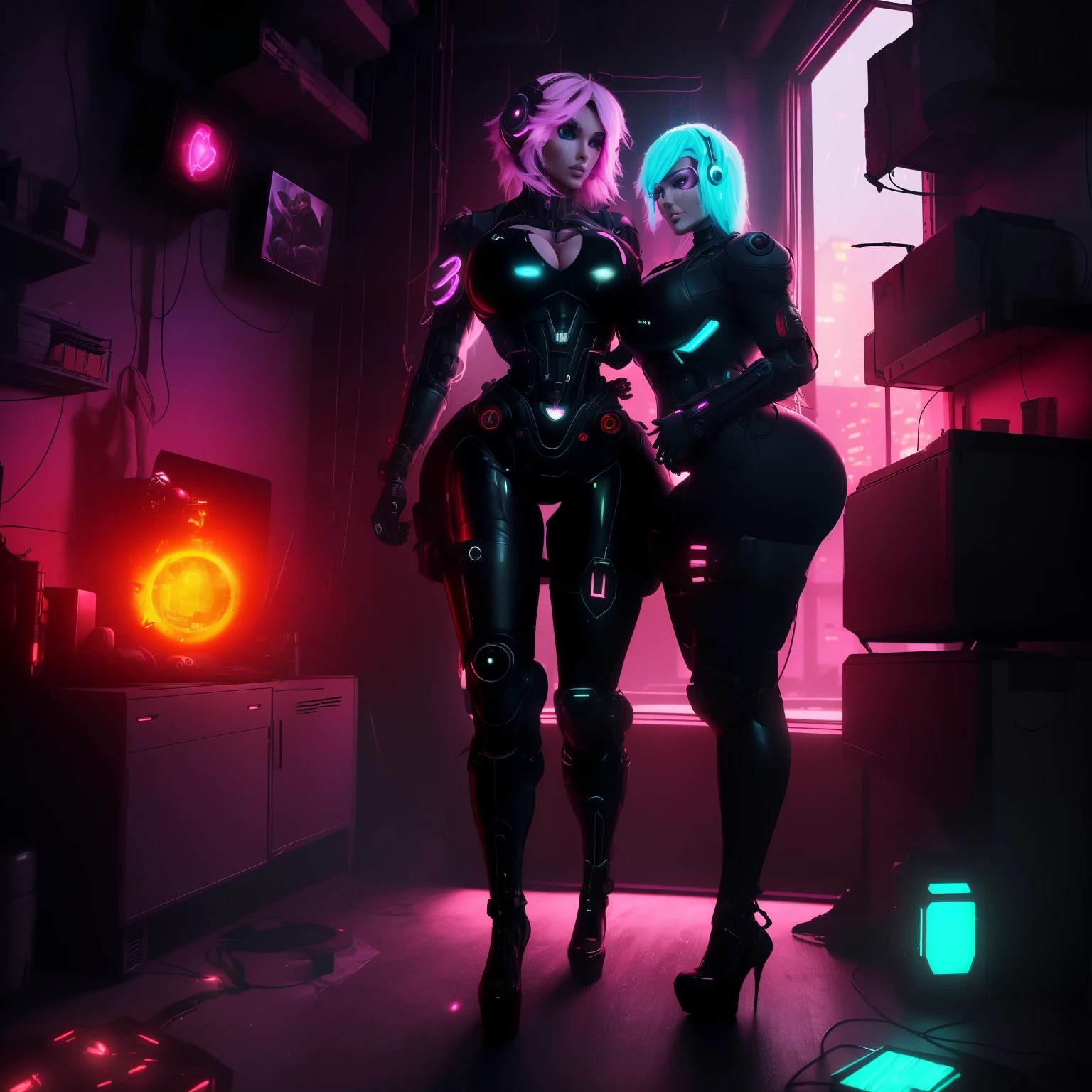 a sex worker bimbo cyborg lady with a human heart, average height, extreme curvy body, being turned into a sexbot, properly clothed, sci-fi apocalyptic environment with volumetric lighting god rays, colorful with warm colors, cyberpunk, hyperealism , high heels.