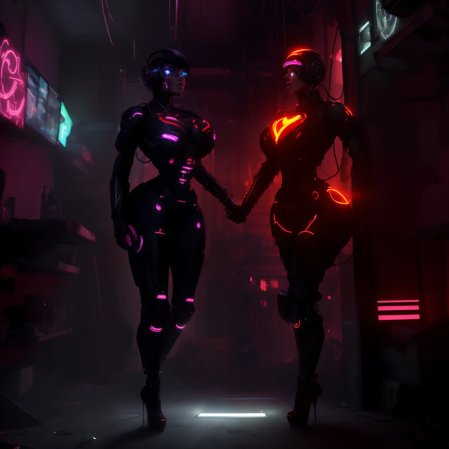 a sex worker bimbo cyborg lady with a human heart, average height, extreme curvy body, being turned into a sexbot, properly clothed, sci-fi apocalyptic environment with volumetric lighting god rays, colorful with warm colors, cyberpunk, hyperealism , high heels.