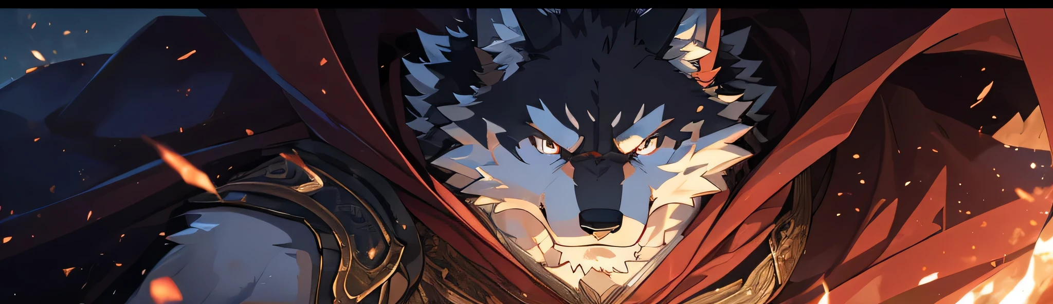 Anthro((dramatic))epic, dynamic pose, One scene of movie, An extreme perspective with a powerful composition, absurdres, Perfect ???????, magnificent picture of kemono fighting fierce battles, (ultra detailed), sharp focus, niji, eyesgod, black eye, furry, light-white fur, brown fur, white beard, anthro (wolf), male, middle-aged, gray body, white belly, tail, muscular, knight costume, long red cherry cloak, ultra detailed face, depth of field, motion blur, high details, high quality, award winning, HD, 16k, (best quality,4k,8k,highres,masterpiece:1.2),ultra-detailed,realistic:1.37,HDR,UHD,studio lighting,extreme detail description,professional,vivid colors,bokeh,horror atmosphere, natural lighting, (dark red presence:1.3), mystery, ((serious face:1.3)), (close up:1.5), by takemoto arashi, by kamyuel, by milkytiger1145, ((simple background))