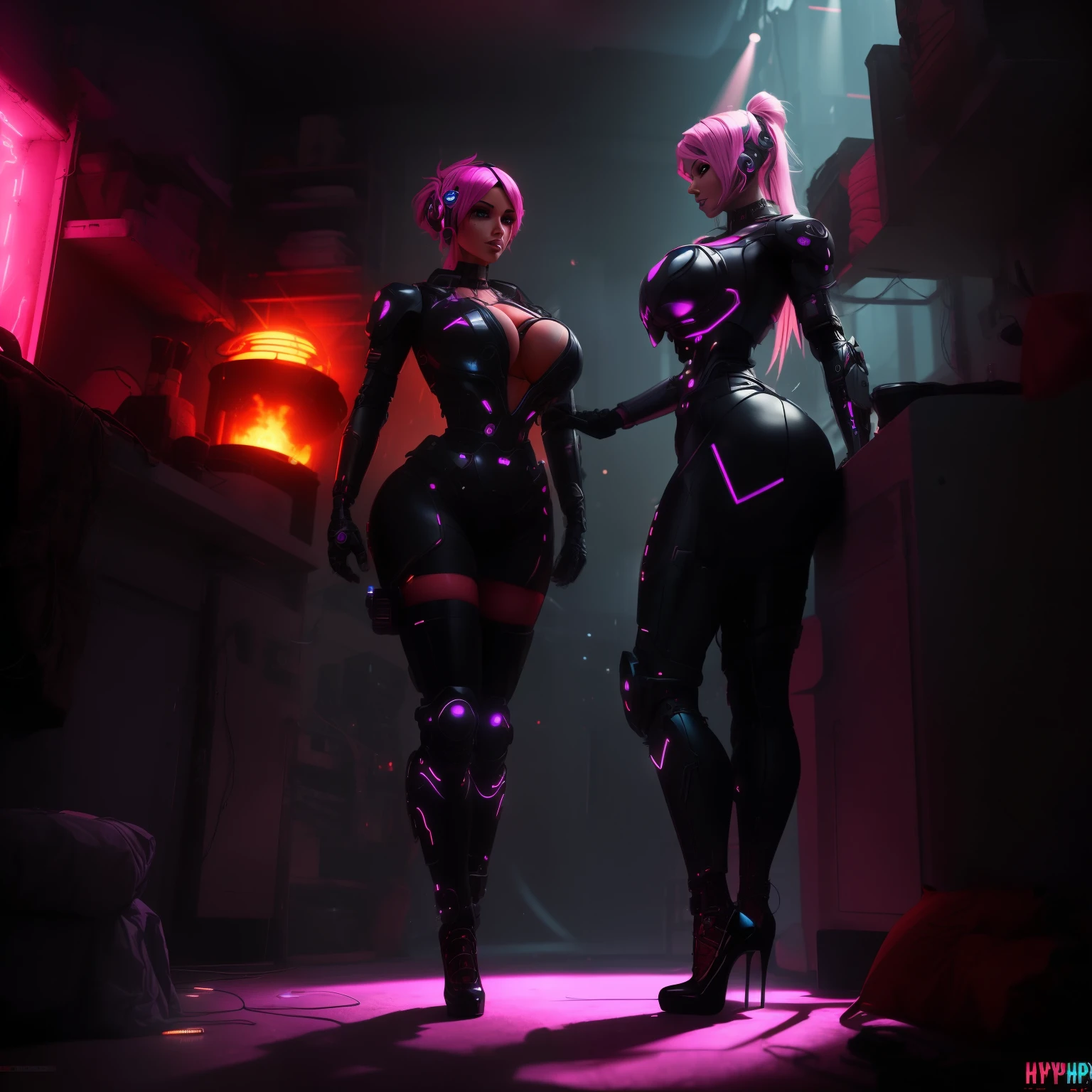 a sex worker bimbo cyborg lady with a human heart, average height, extreme curvy body, being turned into a sexbot, properly clothed, sci-fi apocalyptic environment with volumetric lighting god rays, colorful with warm colors, cyberpunk, hyperealism , high heels.