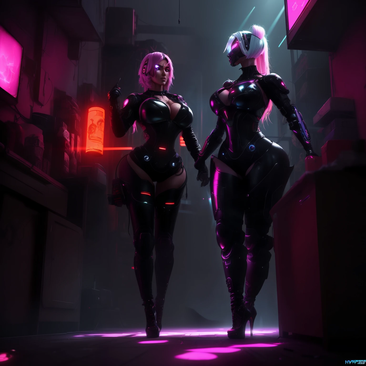 a sex worker bimbo cyborg lady with a human heart, average height, extreme curvy body, being turned into a sexbot, properly clothed, sci-fi apocalyptic environment with volumetric lighting god rays, colorful with warm colors, cyberpunk, hyperealism , high heels.