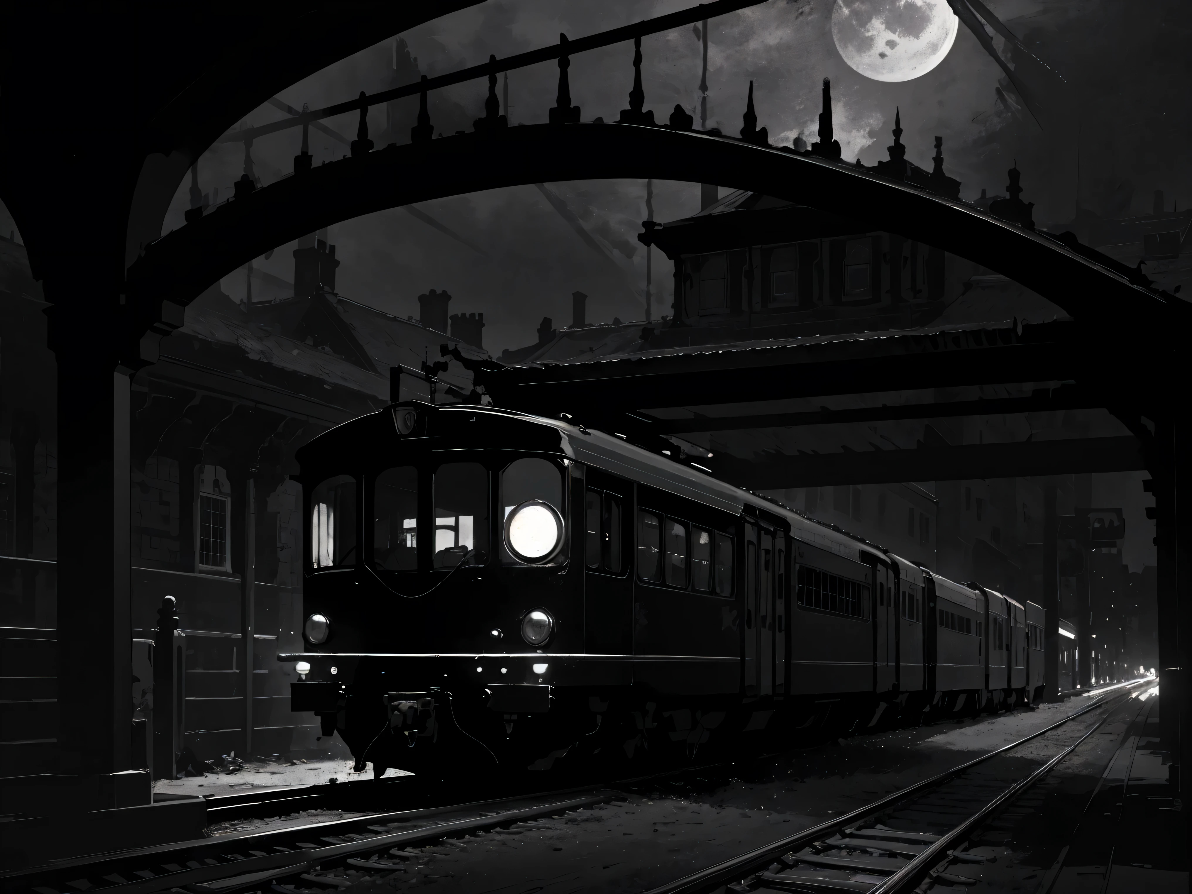 masterpiece, best quality, an empty train station, glass roof, heavy duty military train with coming towards viewer(heavy armor:1.2), empty platforms, no humans, Victorian architecture, intricate background, night time, dimly lit by the full moon, (thunderstorm:1.15) in background, monochrome