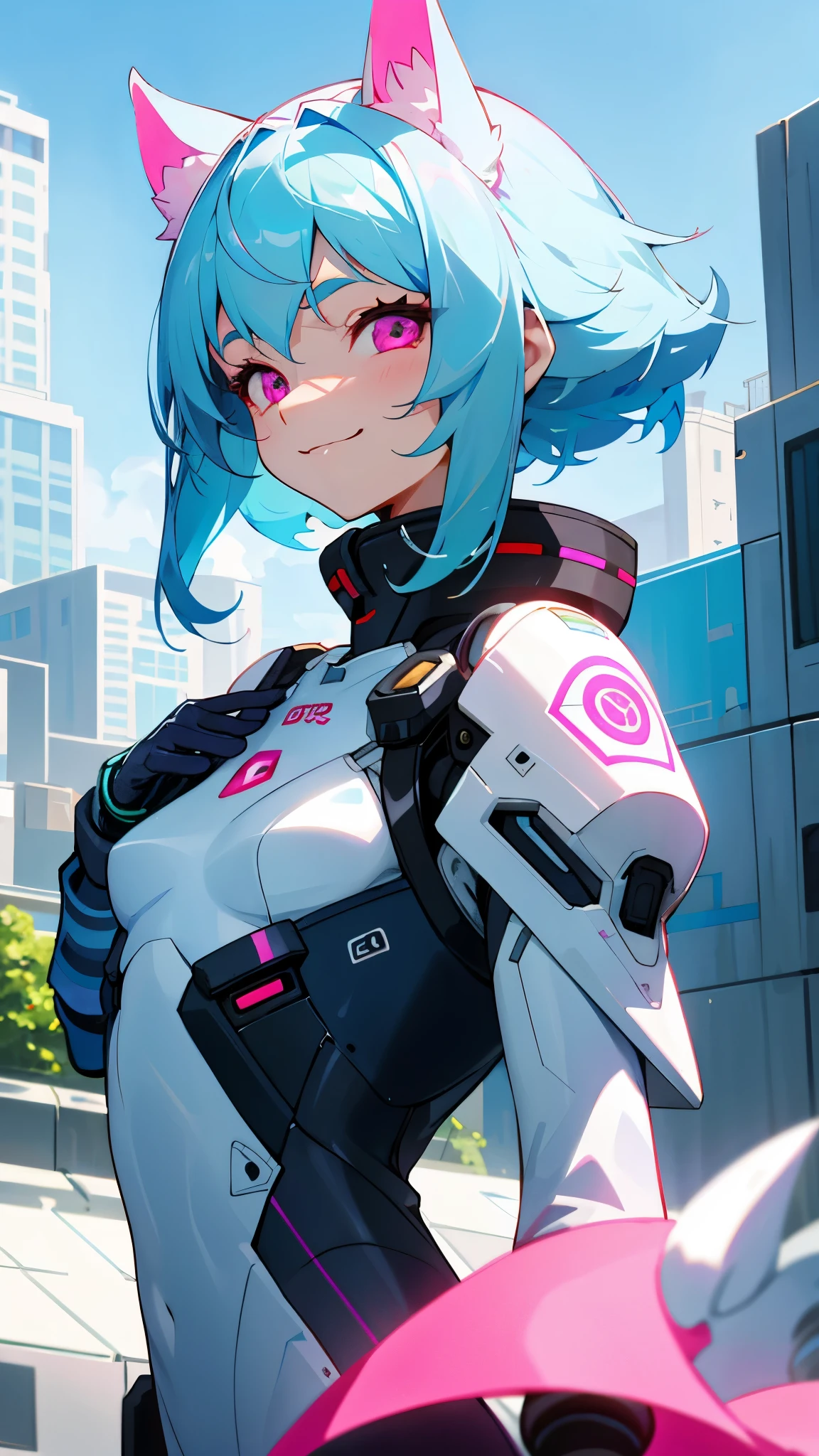  girl、She is wearing futuristic clothes.、Beauty、small breasts、light blue hair、dog ears、pink eyes、From the side、gloves、evil smile、upper body close-up、Rooftop of urban building area