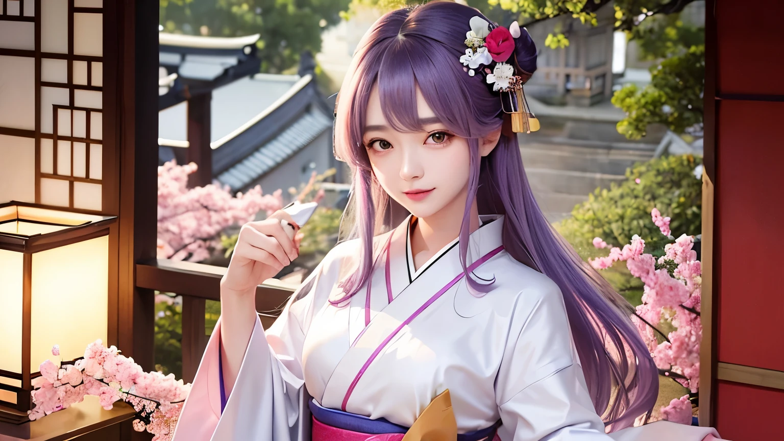 araffe woman in a kimono dress posing for a picture, in kimono, elegant japanese woman, wearing kimono, korean model, japanese kimono, japanese goddess, traditional japanese, in a kimono, wearing a kimono, pale and coloured kimono, white hanfu, kimono, wearing a simple robe, classic kimono, wearing a silk robe, wearing a simple robe, korean woman, Choi Hong Hwa , big breasts, show your chest, light purple hair、smile、beautiful eyes