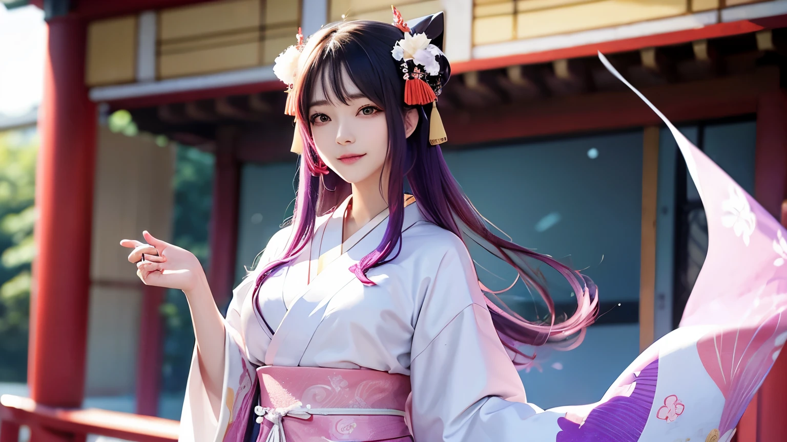 araffe woman in a kimono dress posing for a picture, in kimono, elegant japanese woman, wearing kimono, korean model, japanese kimono, japanese goddess, traditional japanese, in a kimono, wearing a kimono, pale and coloured kimono, white hanfu, kimono, wearing a simple robe, classic kimono, wearing a silk robe, wearing a simple robe, korean woman, Choi Hong Hwa , big breasts, show your chest, light purple hair、smile、beautiful eyes