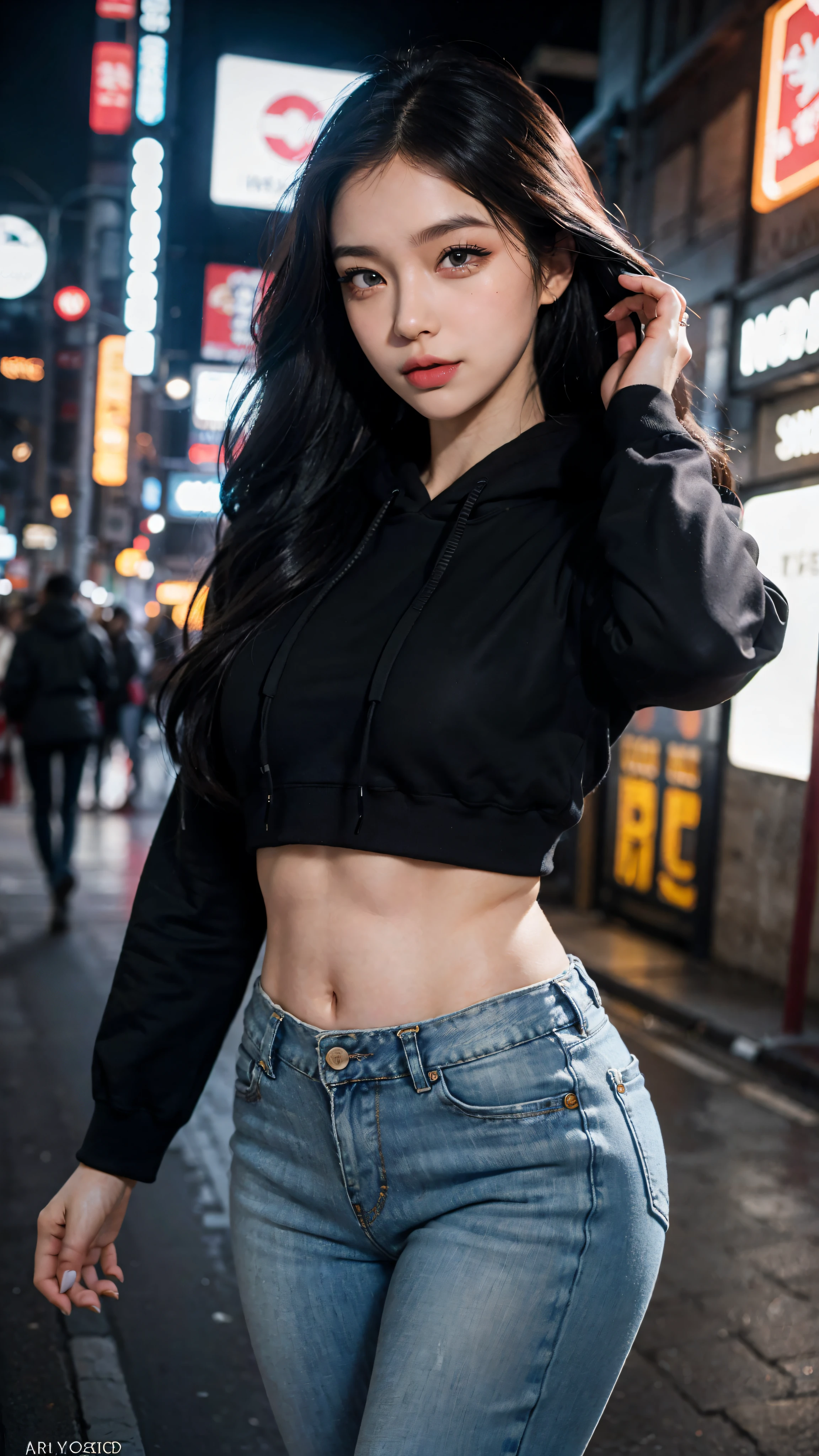 Masterpiece: 1.25, Best quality, High resolution:1.35, RAW photo:1.2, Photorealistic:1.37, Hyper-realistic, 16K, Original artwork, ((1girl)), Cute face, (Long eyelashes, detailed eyelashes), (eye shadows), (glowing eyes, realistic eyes), (Natural makeup, Clear facial features), (Curvy build, Slim body), Fine detailed beautiful eyes: 1.2, Happy Expression, Ulzzang, Fleshy thighs, Lustrous skin, Dynamic pose, Close up, Cowboy shot, (Cropped hoodie), Long black jeans, Show armpits, A cup, Photon maping, Professional lighting, symmetry, Elegance, walking on the street, Neo tokyo