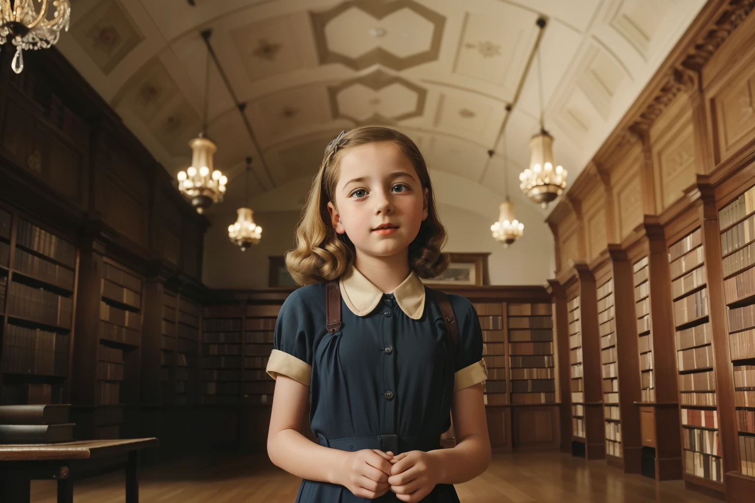 Molching, Germany, 1940. ((very wide shot)), ((((-yeld)) sel Meminger)), very thin, kind, big-hearted, dangerous dark eyes, standing in the middle of a huge, magnificent luxurious library room, looking up in awe to hundreds of books, open mouth, ((amazed expression)). ((((poor casual clothings from the 1940s)))), ((dark-blond hairstyle of the 1940s))
