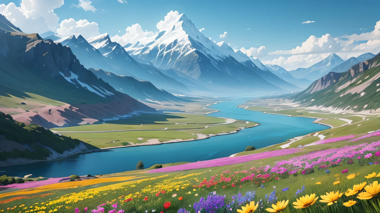 A large sea of flowers，Rivers and mountains are visible in the distance