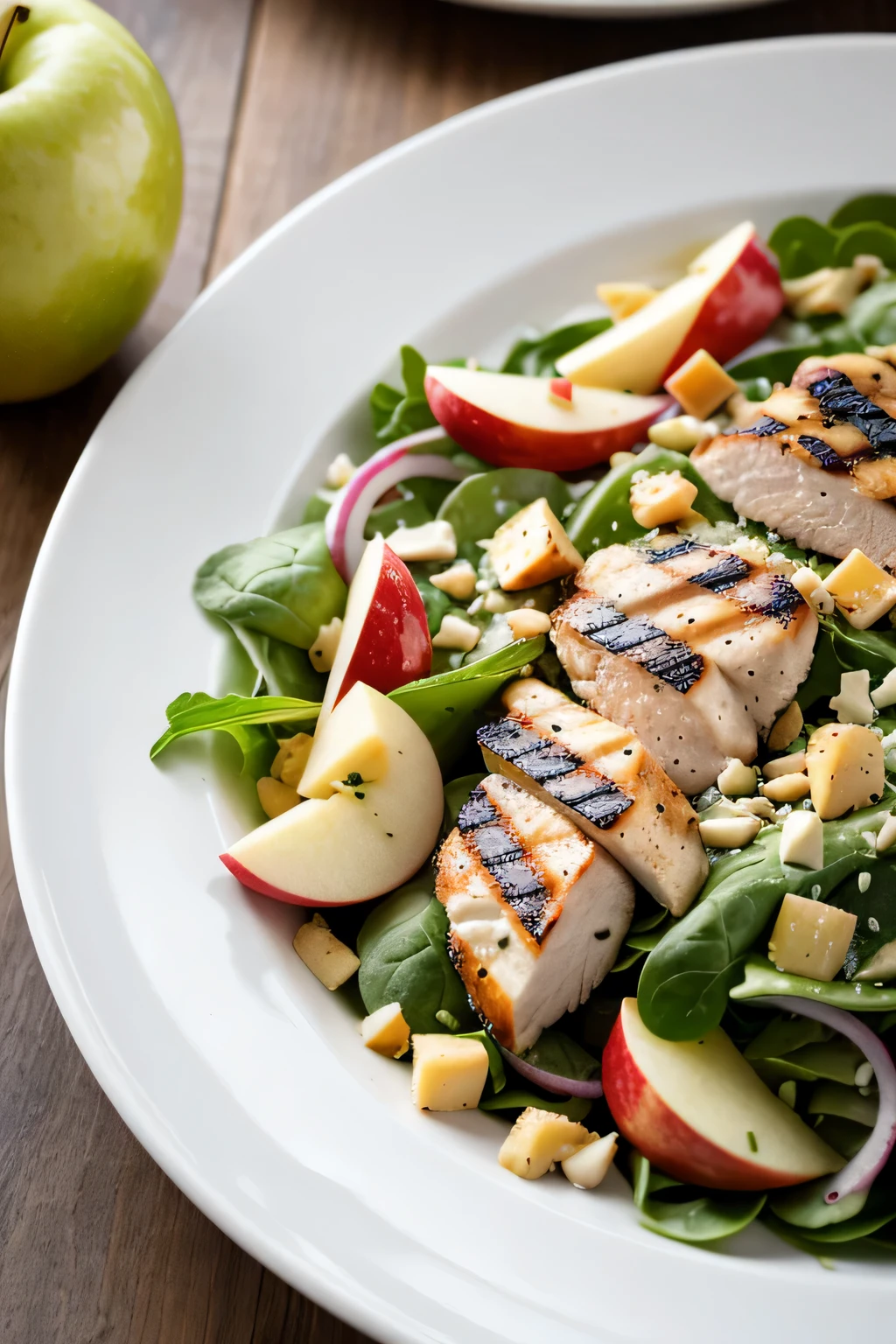 RAW photo in sequence, um delicioso Apple, White Cheddar and Chicken Breast Salad, ((detail of the dish composition in the foreground)), iluminado por luzes naturais, HDR, foto realista, alta qualidade, filmographic gray, Fujifilm XT3

The RAW sequence photo of an apple, white cheddar, and grilled chicken salad. (Detailed composition of the dish in the foreground), naturally lit, HDR, realistic photo, high quality, filmic grain, Fujifilm XT3.
