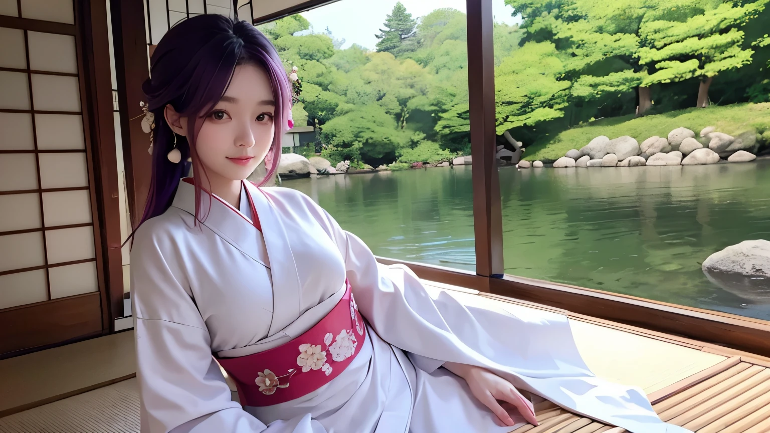 araffe woman in a kimono dress posing for a picture, in kimono, elegant japanese woman, wearing kimono, korean model, japanese kimono, japanese goddess, traditional japanese, in a kimono, wearing a kimono, pale and coloured kimono, white hanfu, kimono, wearing a simple robe, classic kimono, wearing a silk robe, wearing a simple robe, korean woman, Choi Hong Hwa , big breasts, show your chest, light purple hair、smile、beautiful eyes