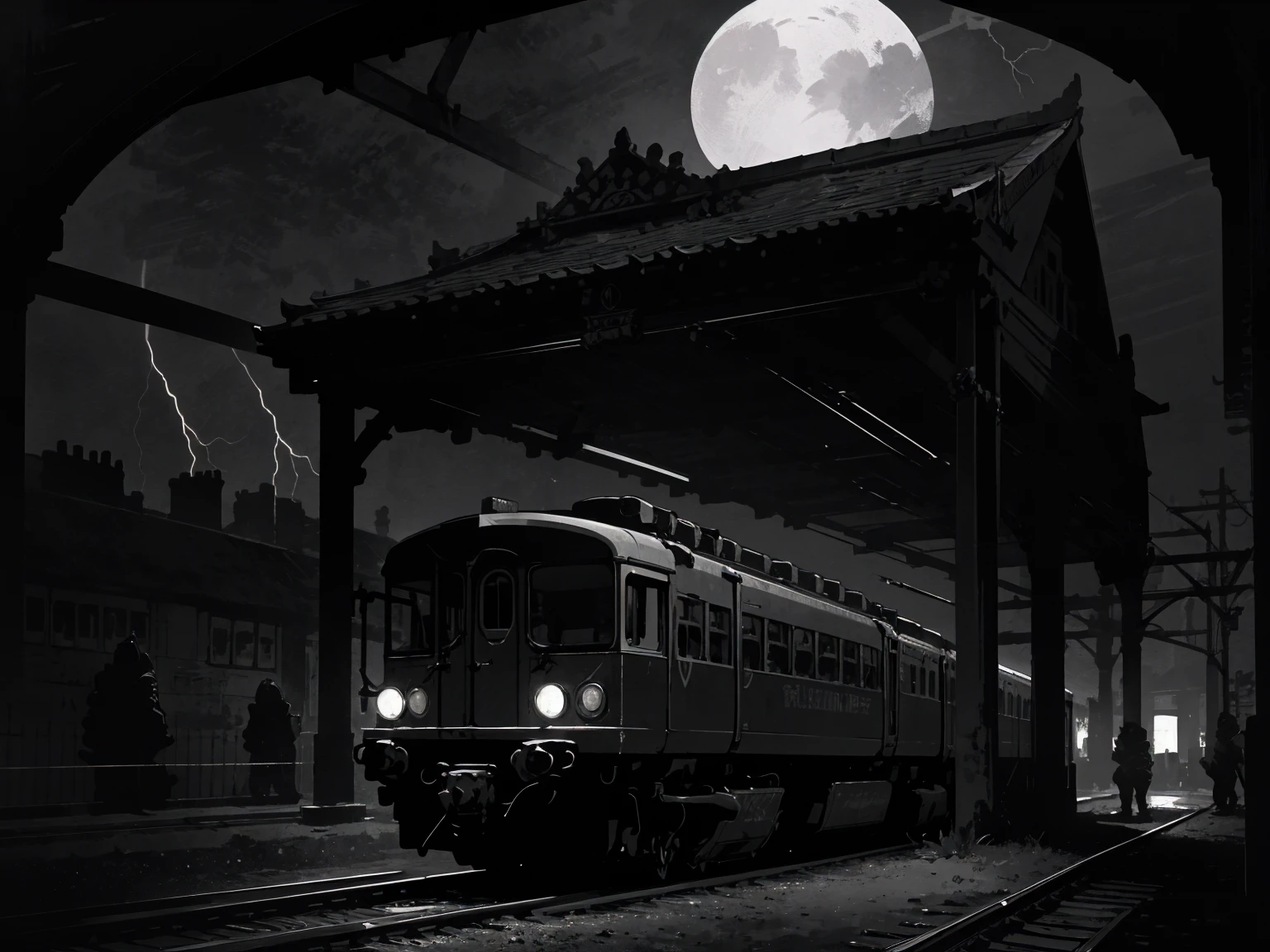 masterpiece, best quality, an empty train station, glass roof, heavy duty military train with coming towards viewer(heavy armor:1.2), empty platforms, no humans, Victorian architecture, intricate background, night time, dimly lit by the full moon, ((thunderstorm:1.15)) in background, monochrome
