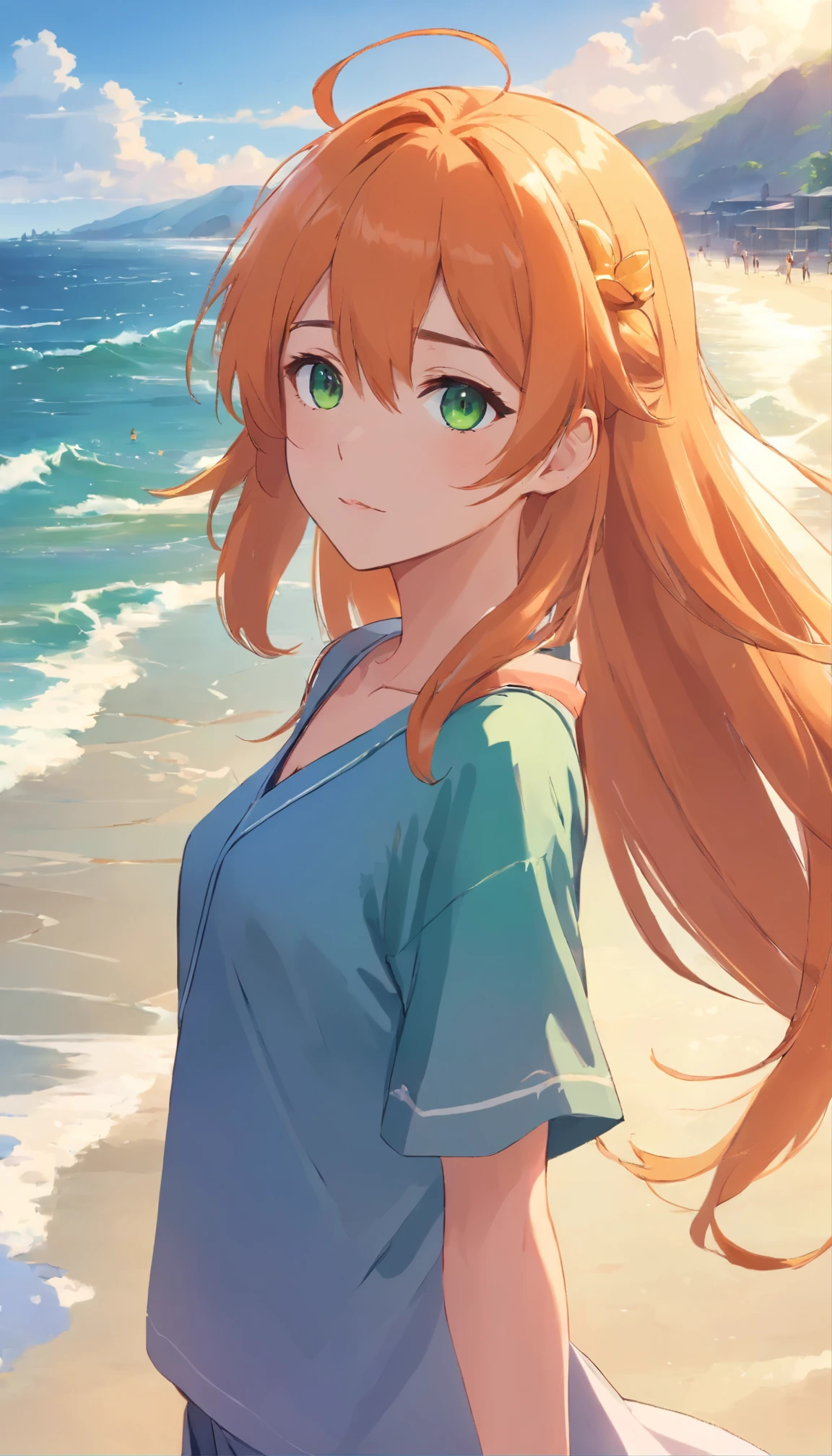 anime girl with long orange hair standing on beach near ocean, green eyes detailed digital anime art, anime girl with long hair, smooth anime cg art, anime girl with long hair, digital anime art, artwork in the style of guweiz, beautiful anime portrait, photorealistic anime girl render, beautiful anime girl, advanced digital anime art, guweiz on artstation pixiv HD UHD HQ